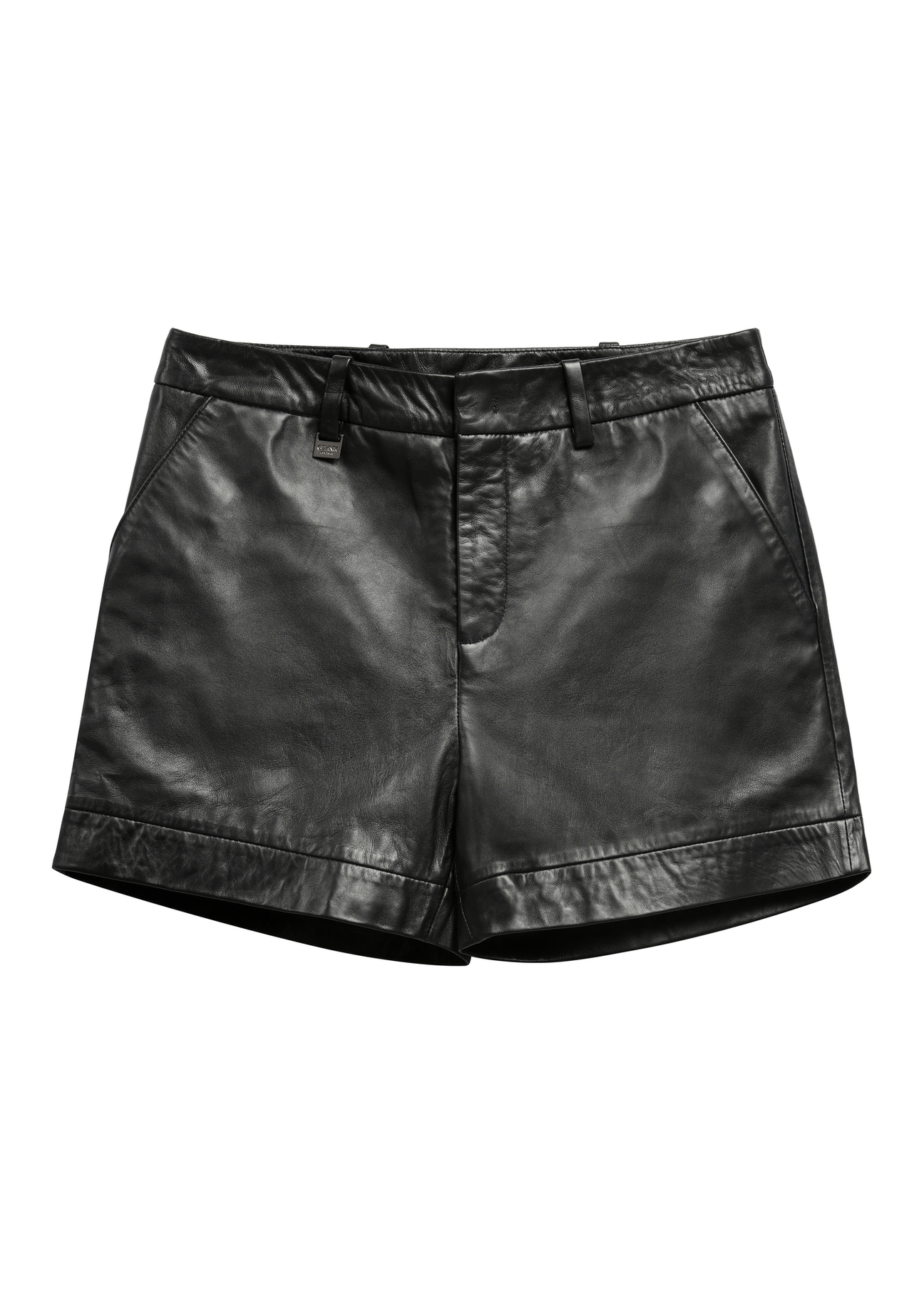 Women's leather black shorts SPODS-0007-99(KS), front product view on white background.