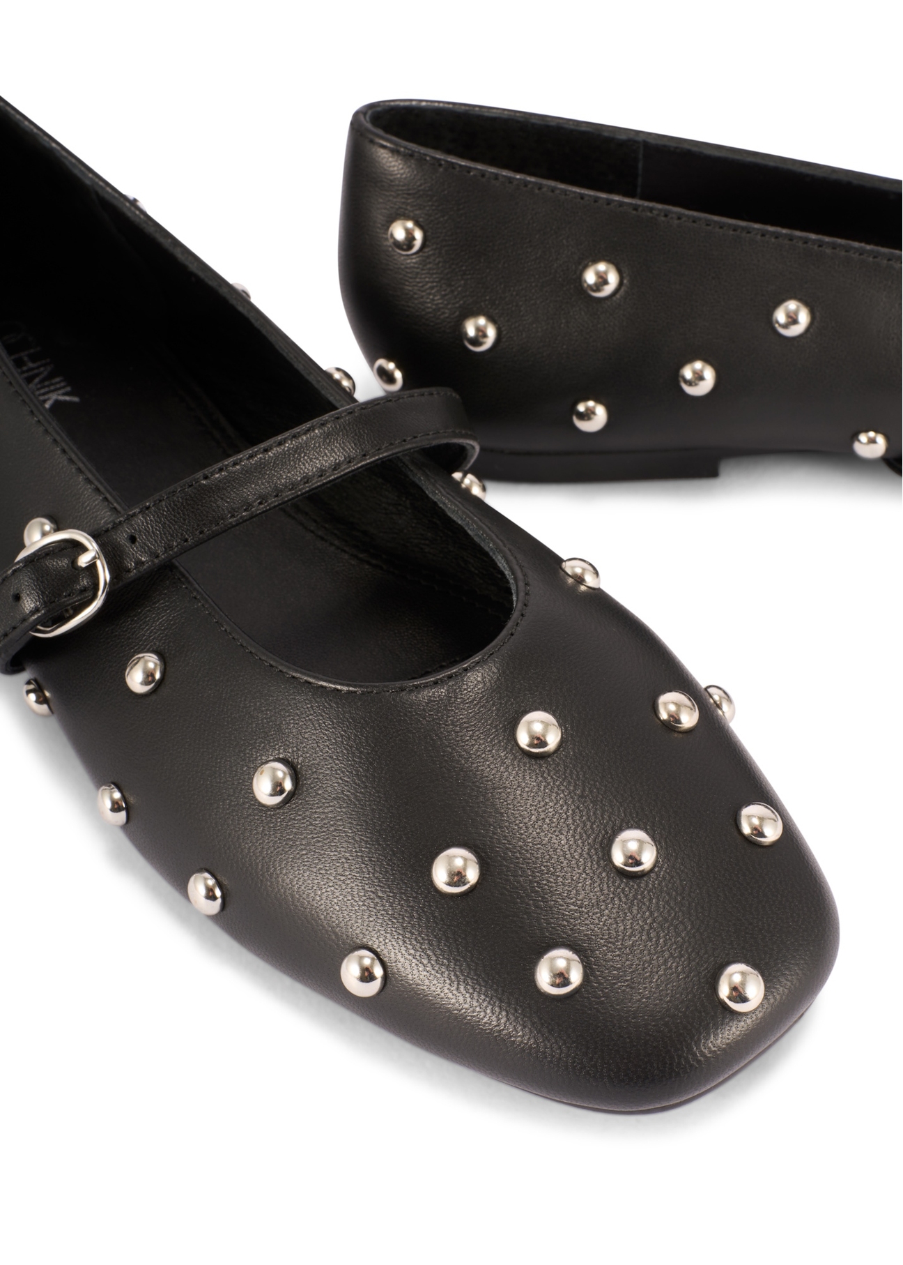 Women's black leather ballet flats with rhinestones BUTYD-1235-99(W26), close-up of the product detail on a white background.