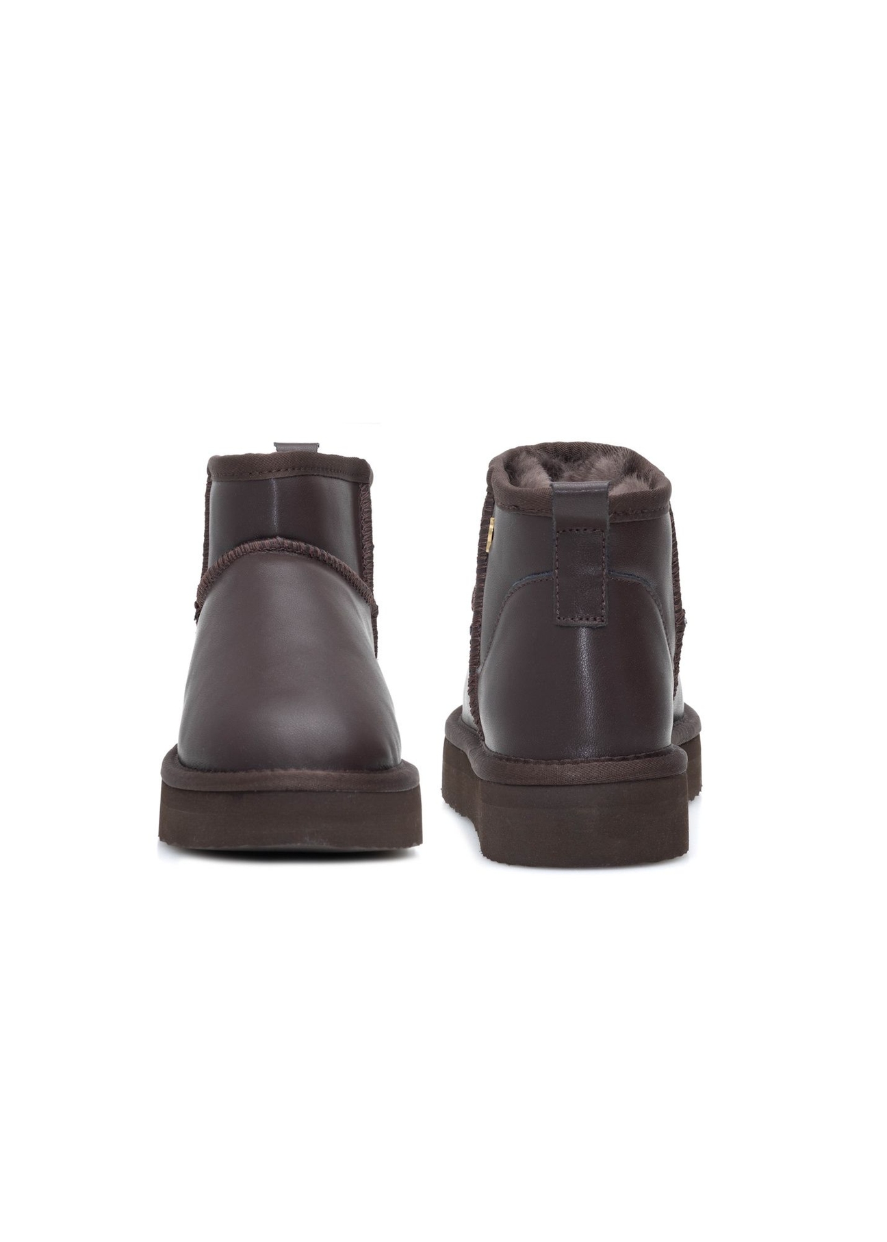 Dark brown women's leather snow boots BUTYD-1219-1I(Z26), front and back product view on white background.