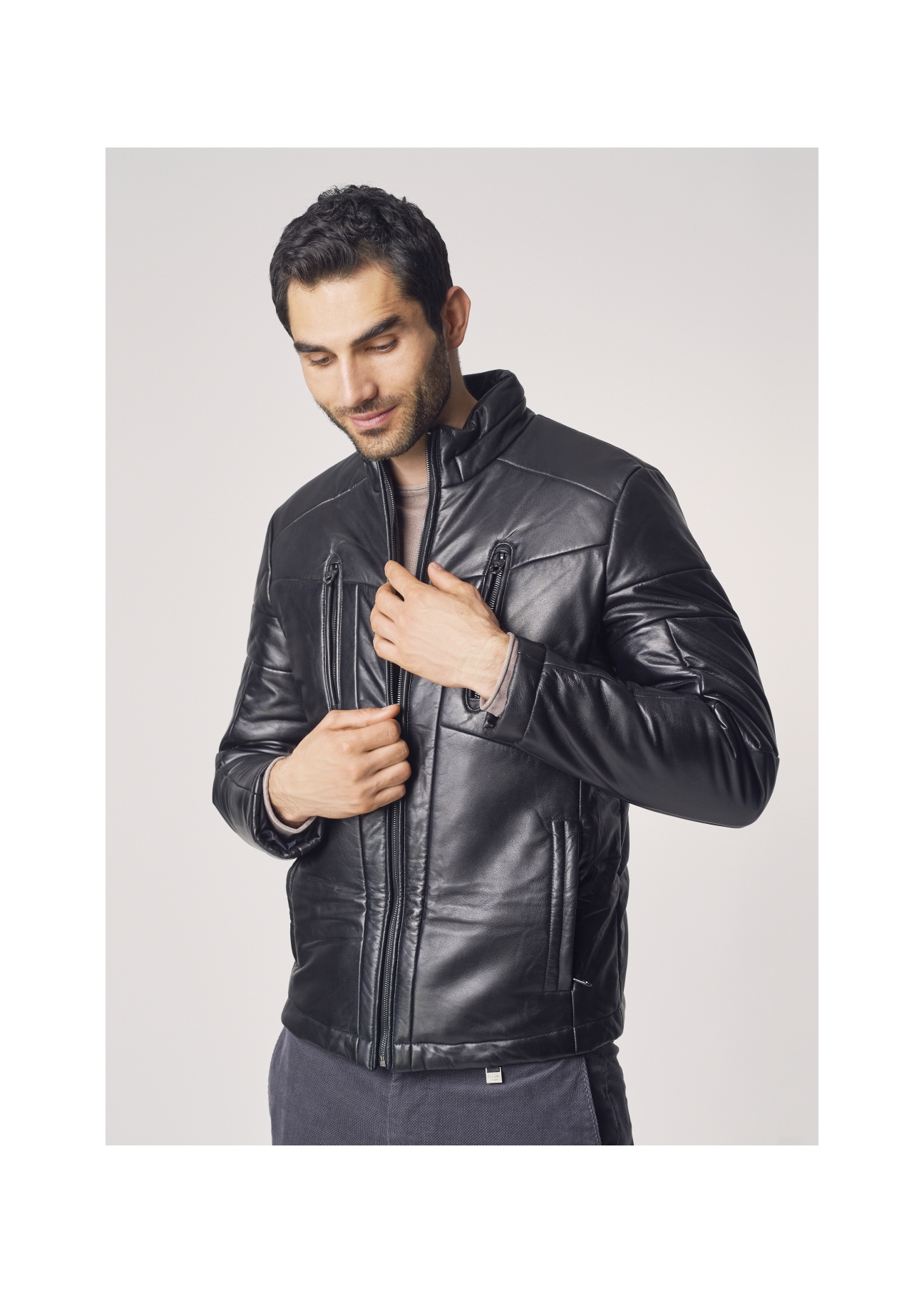 Men's short leather jacket with insulation KURMS-0248-5506(Z21)-02