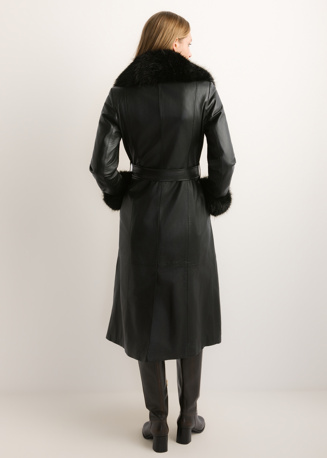 Women's black leather coat KURDS-0617-99(Z26), product view from the back on the model. Full body visible.