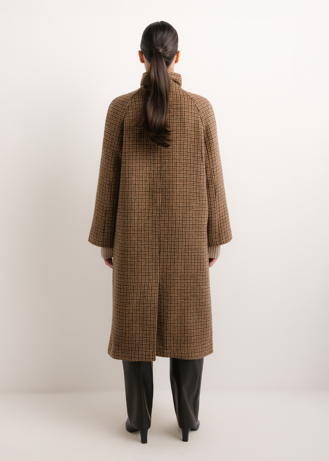 Women's wool checkered coat PLADT-0086-1P(Z26), product view from the back on the model. Full body visible.