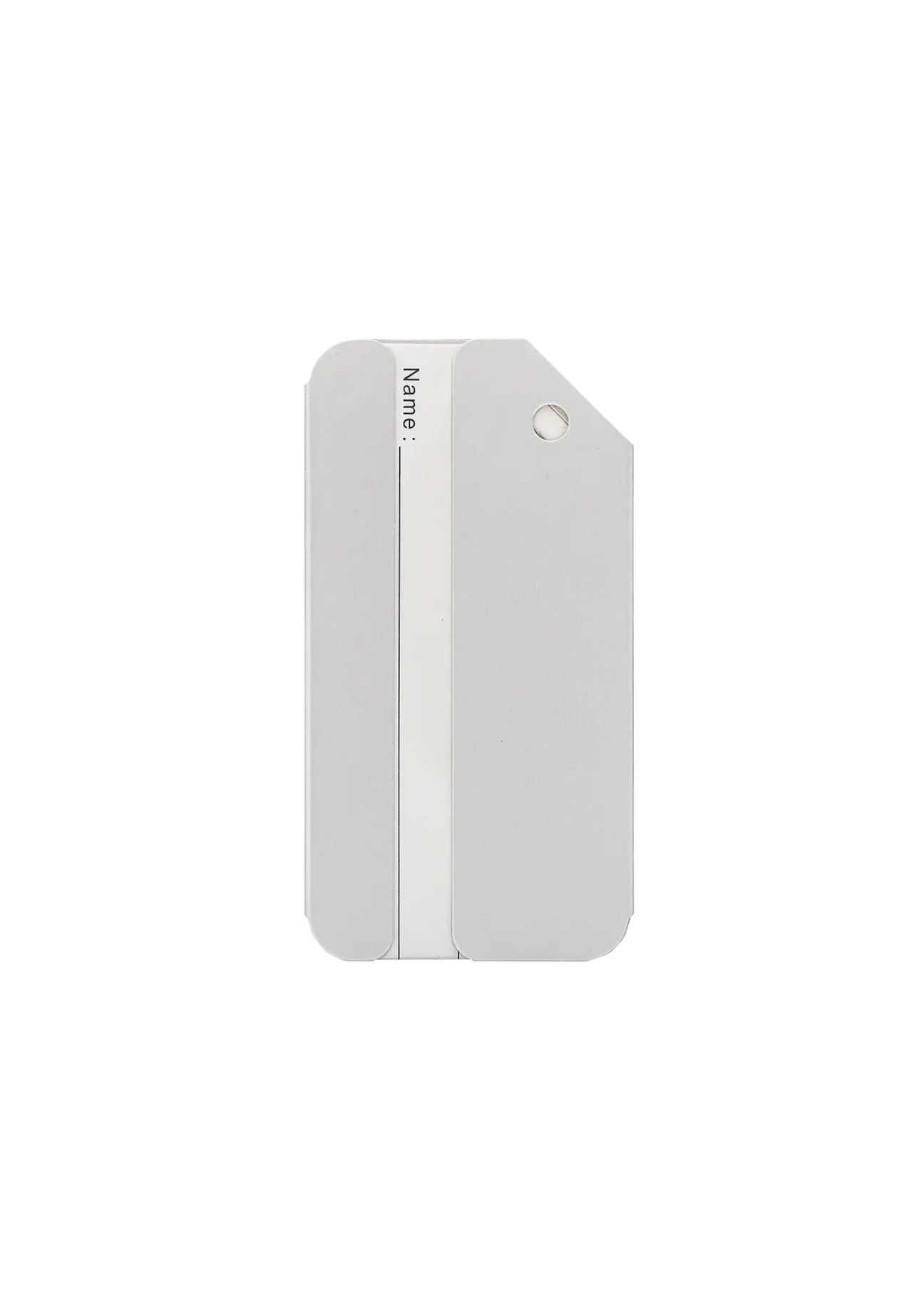 Silver luggage tag AW-012-0003-9A(W26), product back view on white background.