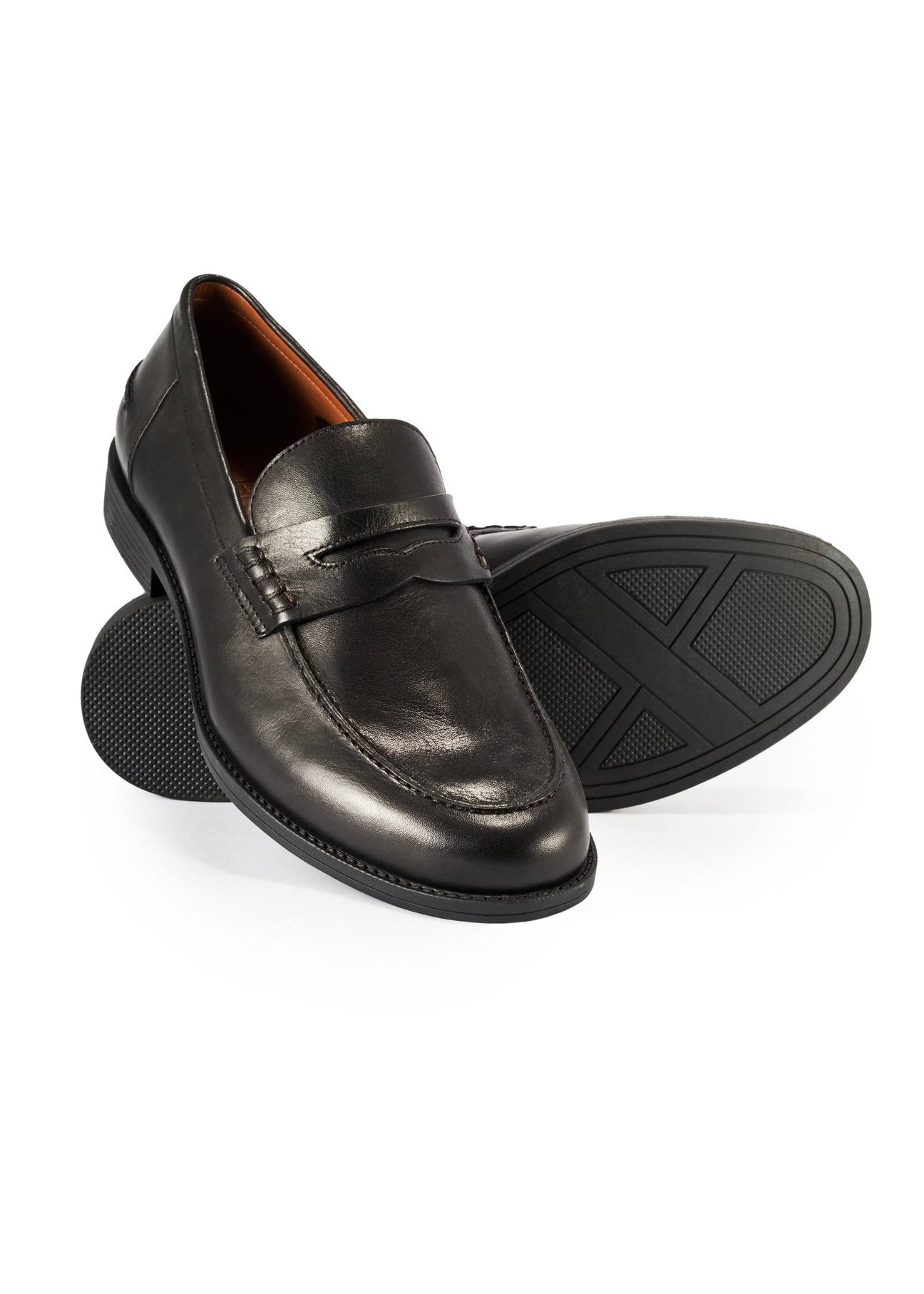 Men's leather black moccasins BUTYM-0506-99(Z25), product view from the top and bottom on a white background.