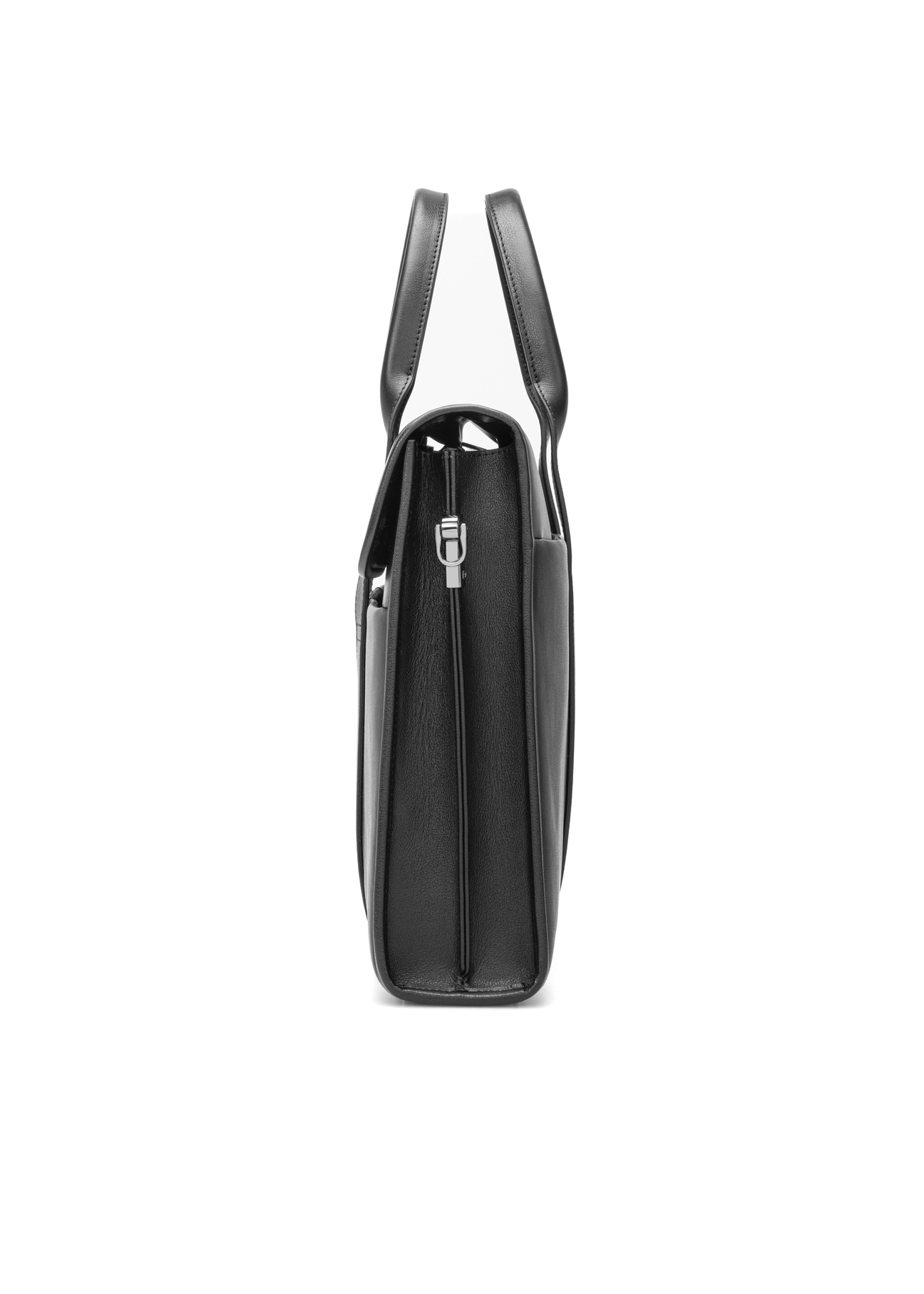 Black leather men's briefcase TORMS-0508-99(W26), side product view on white background.