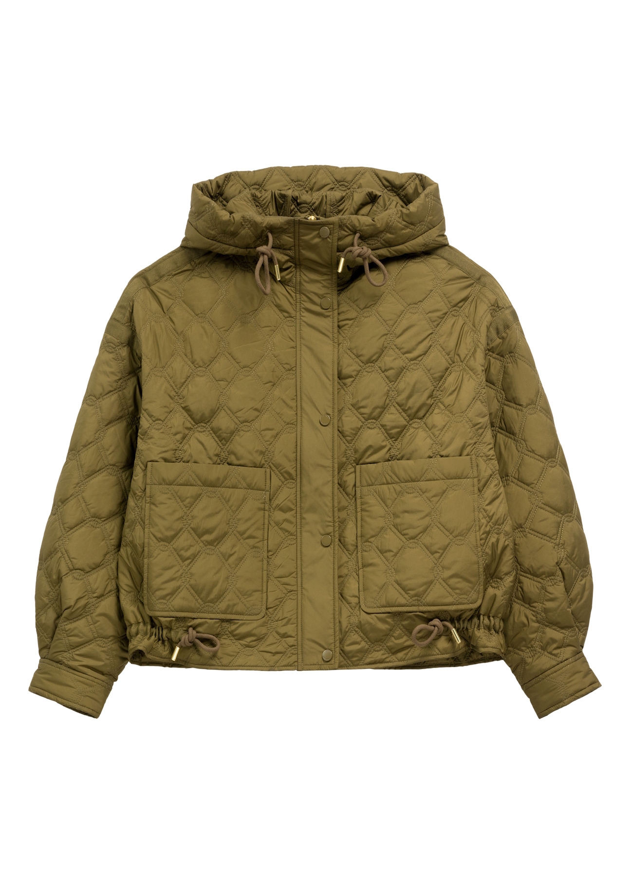 Olive green short quilted oversize jacket KURDT-0660-8D(W26) - front product view, on white background.