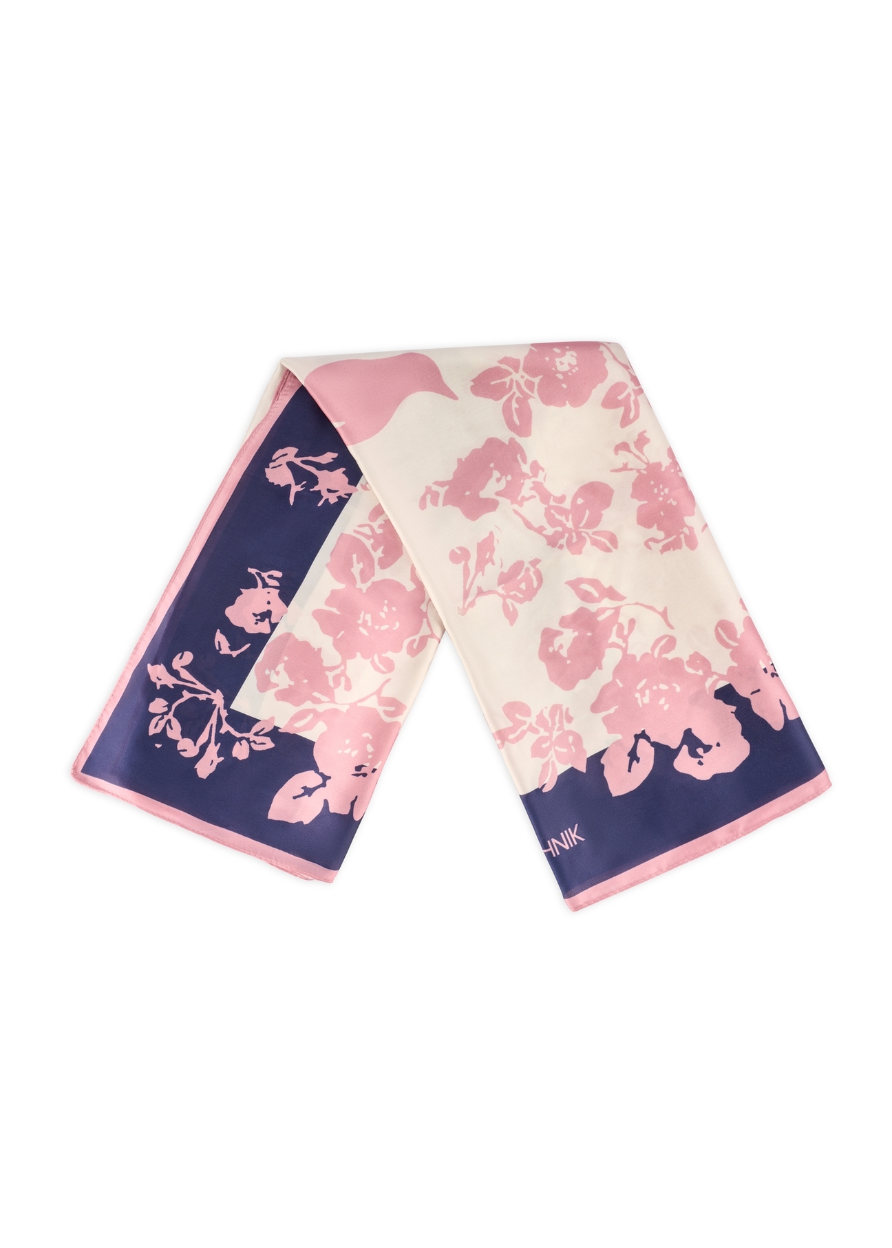 Pink women's scarf with flowers SZADT-0194-5P(W26) - product view from above, on a white background.