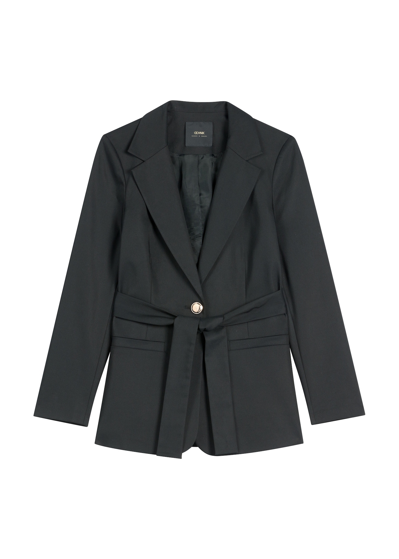 Women's black blazer with belt ZAKDT-0030-99(W26), front product view on white background.