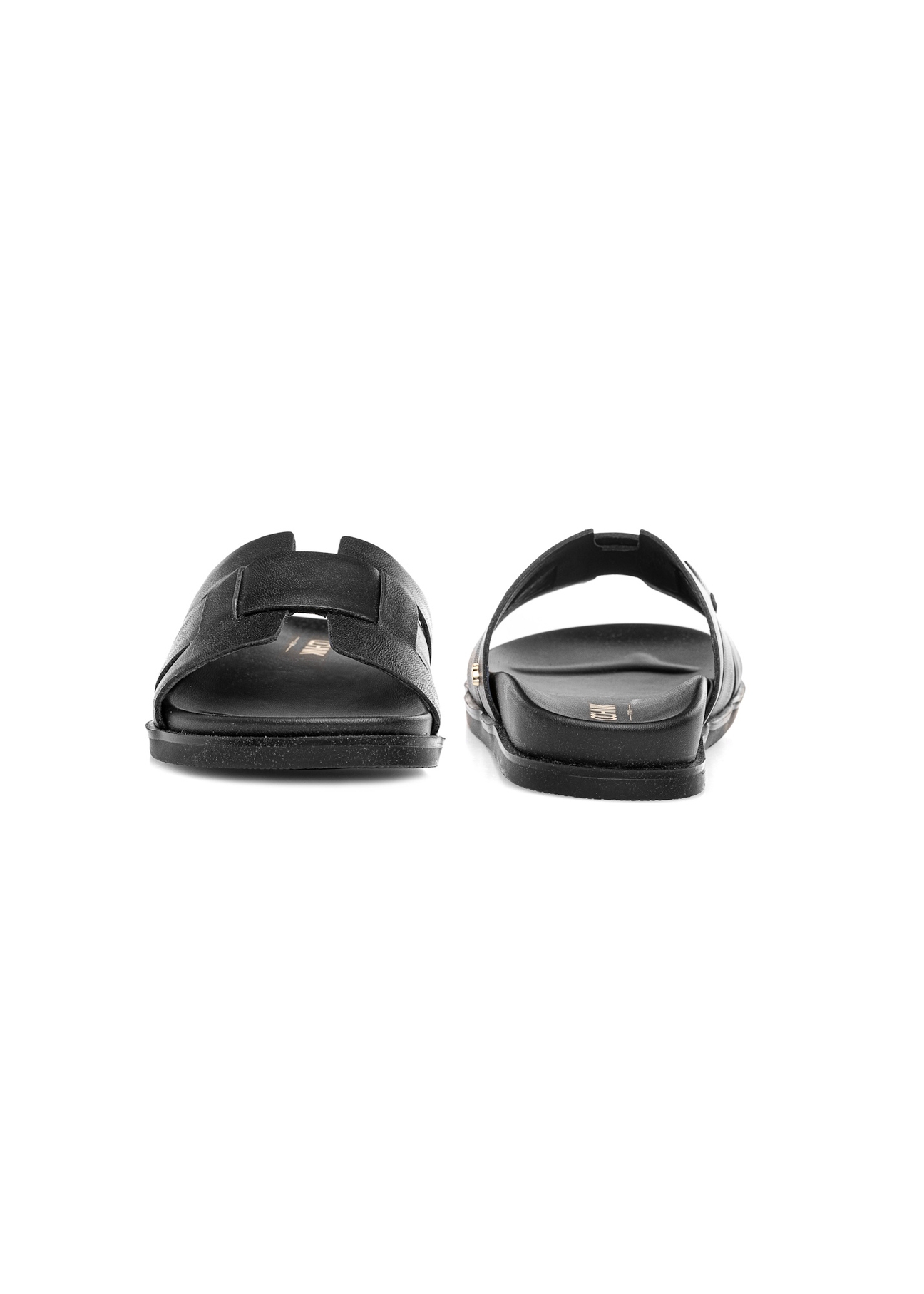 Black women's leather flip-flops BUTYD-1163-99(W25), front and back product view on white background.