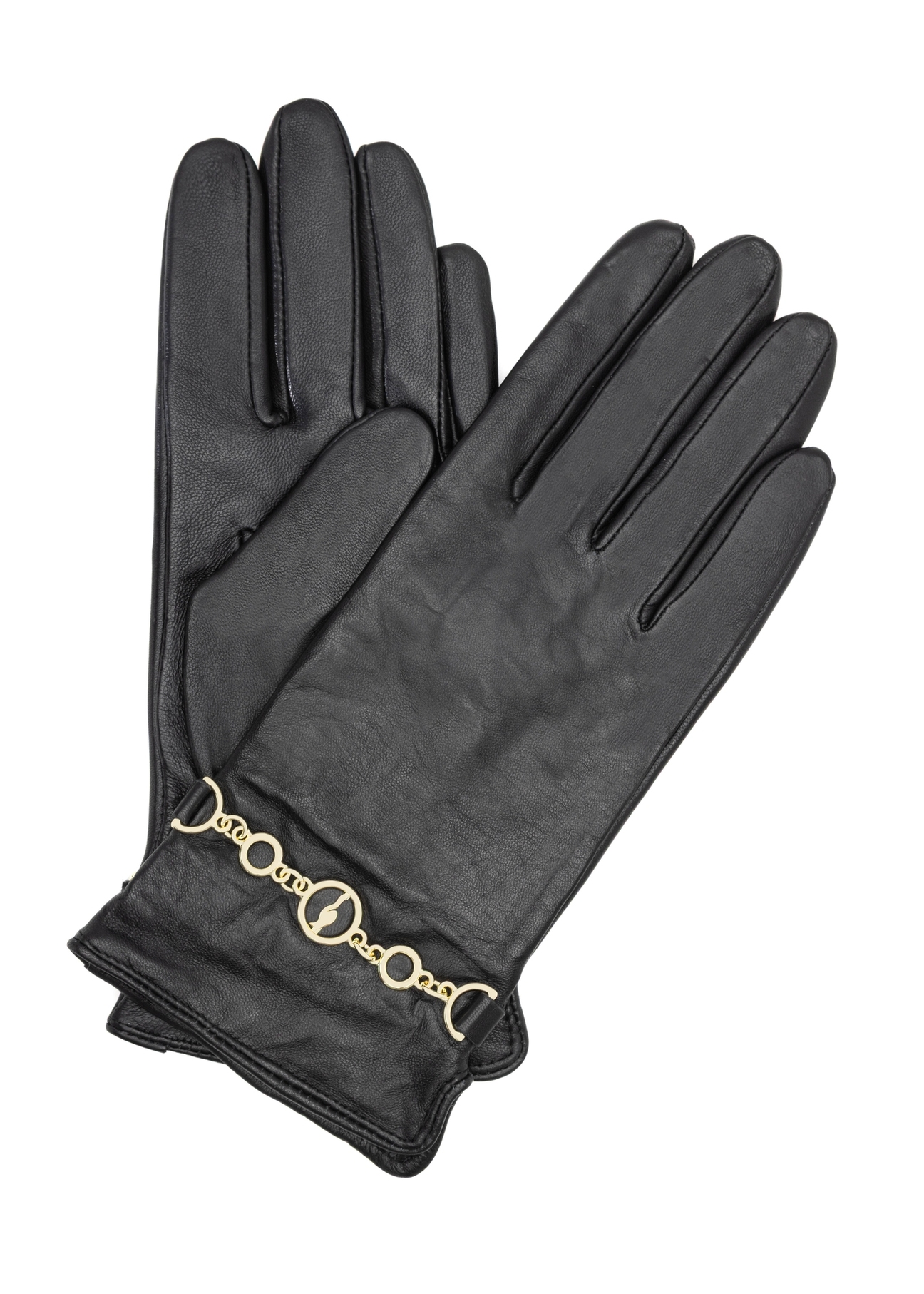 Women's leather gloves with chain REKDS-0101-99(Z25), product view from the front and back on a white background.