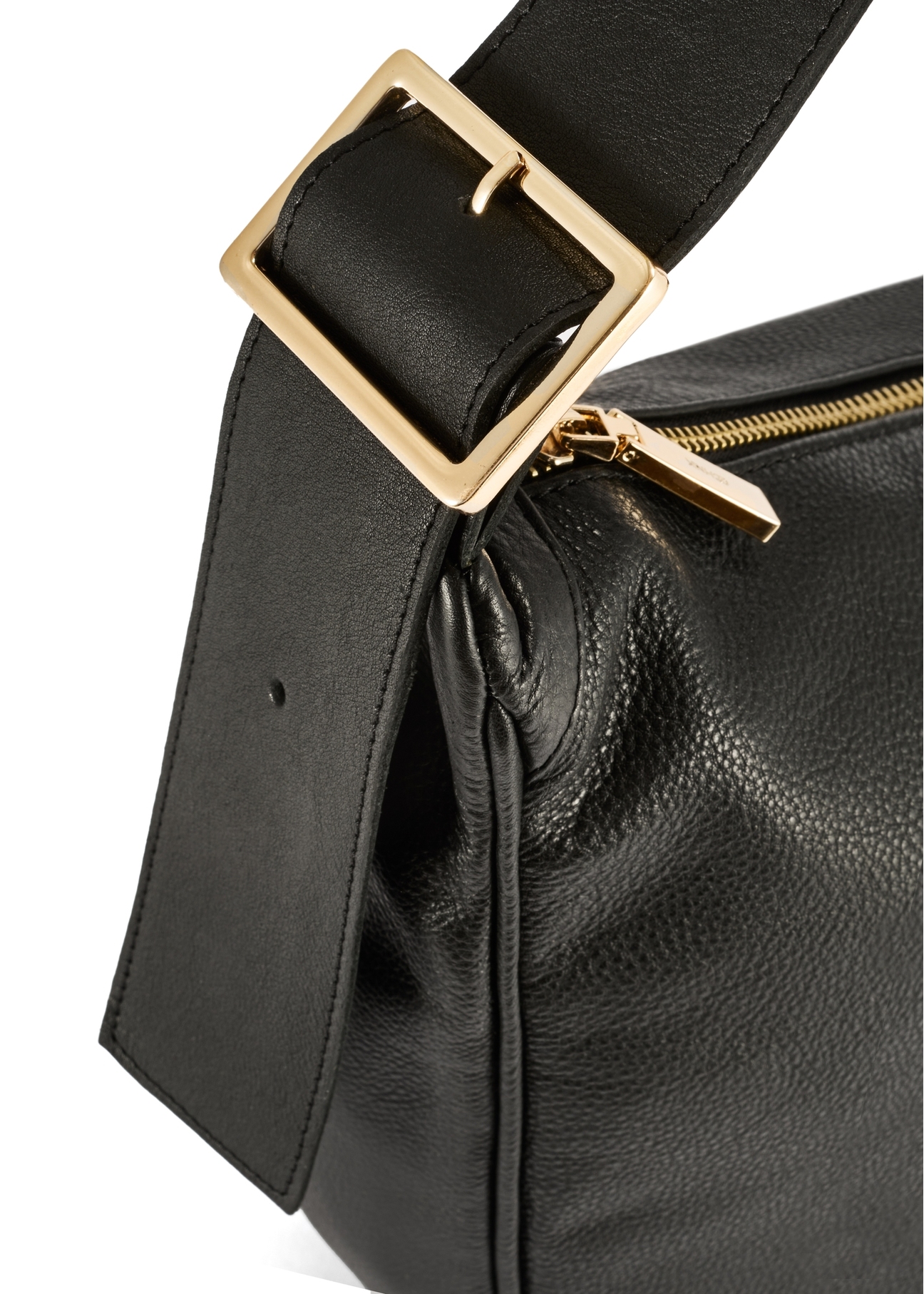 Black leather shoulder bag TORES-1127E-99(Z25), close-up of the product buckle, view on a white background.