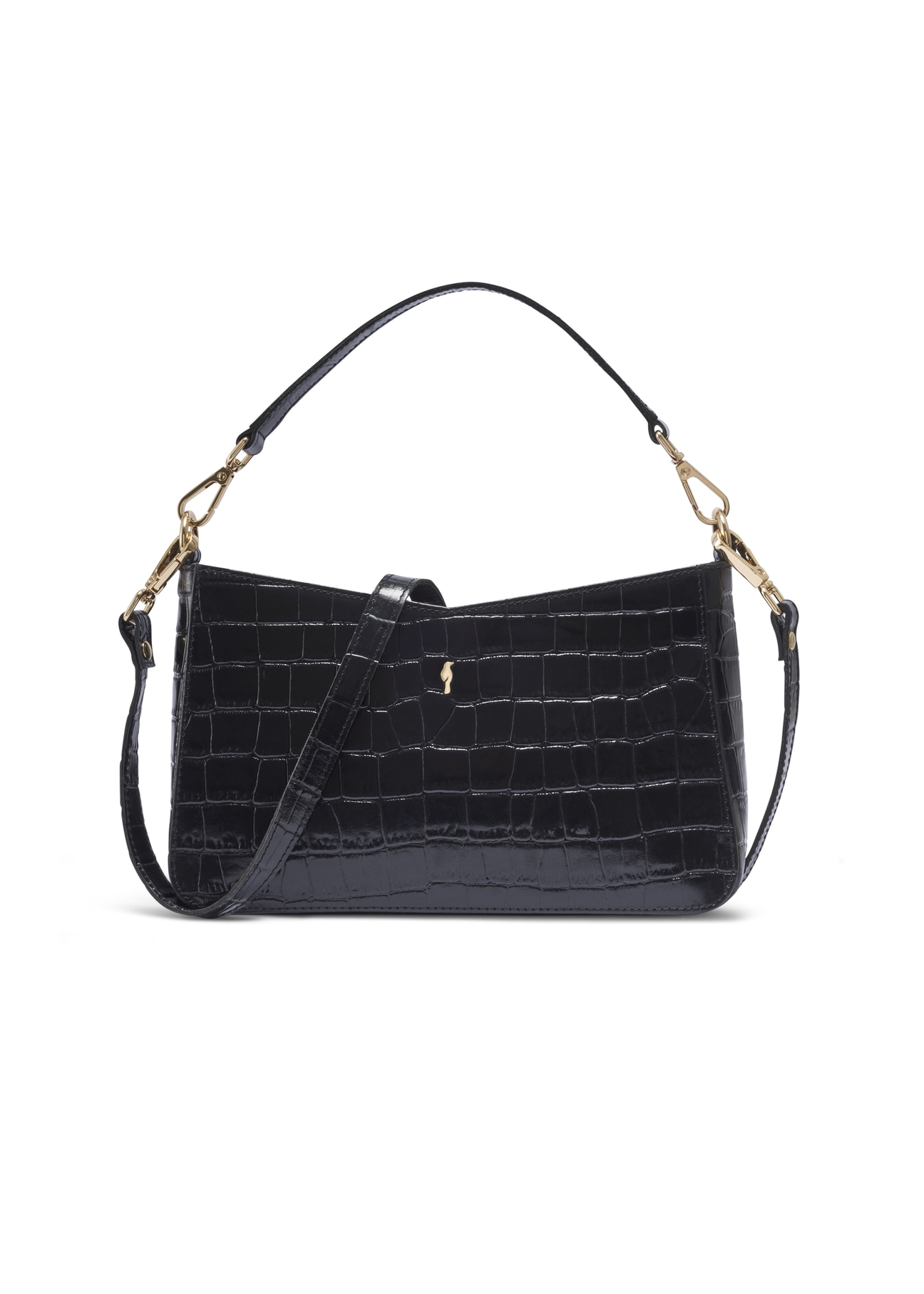 Black croco leather handbag TORES-1326-9G(Z26), front product view on light background.