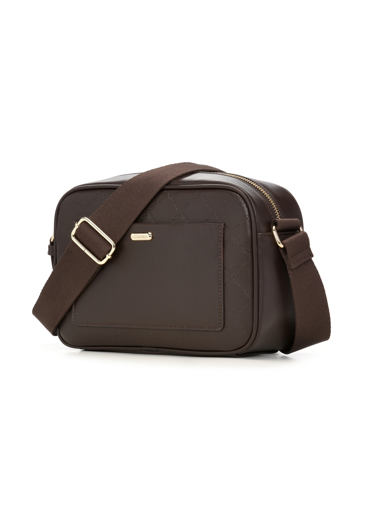 Brown women's handbag with monogram TOREC-1290-1I(Z26), diagonal product view on a white background.