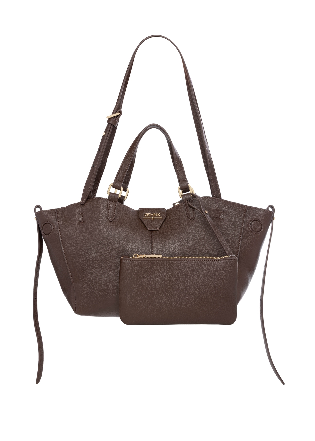 Brown women's shoulder bag TOREC-1231-1H(Z26), front product view with cosmetic bag on white background.
