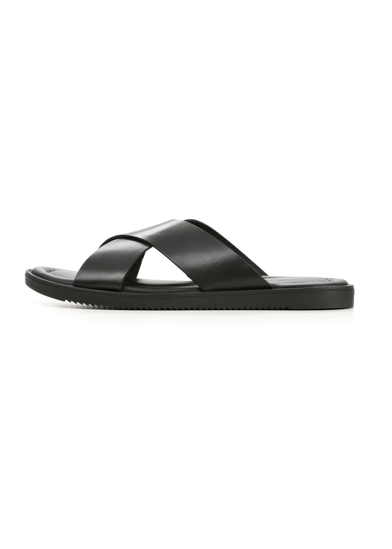 Men's black leather flip-flops BUTYM-0536-99(W26), side view of the product on a white background.