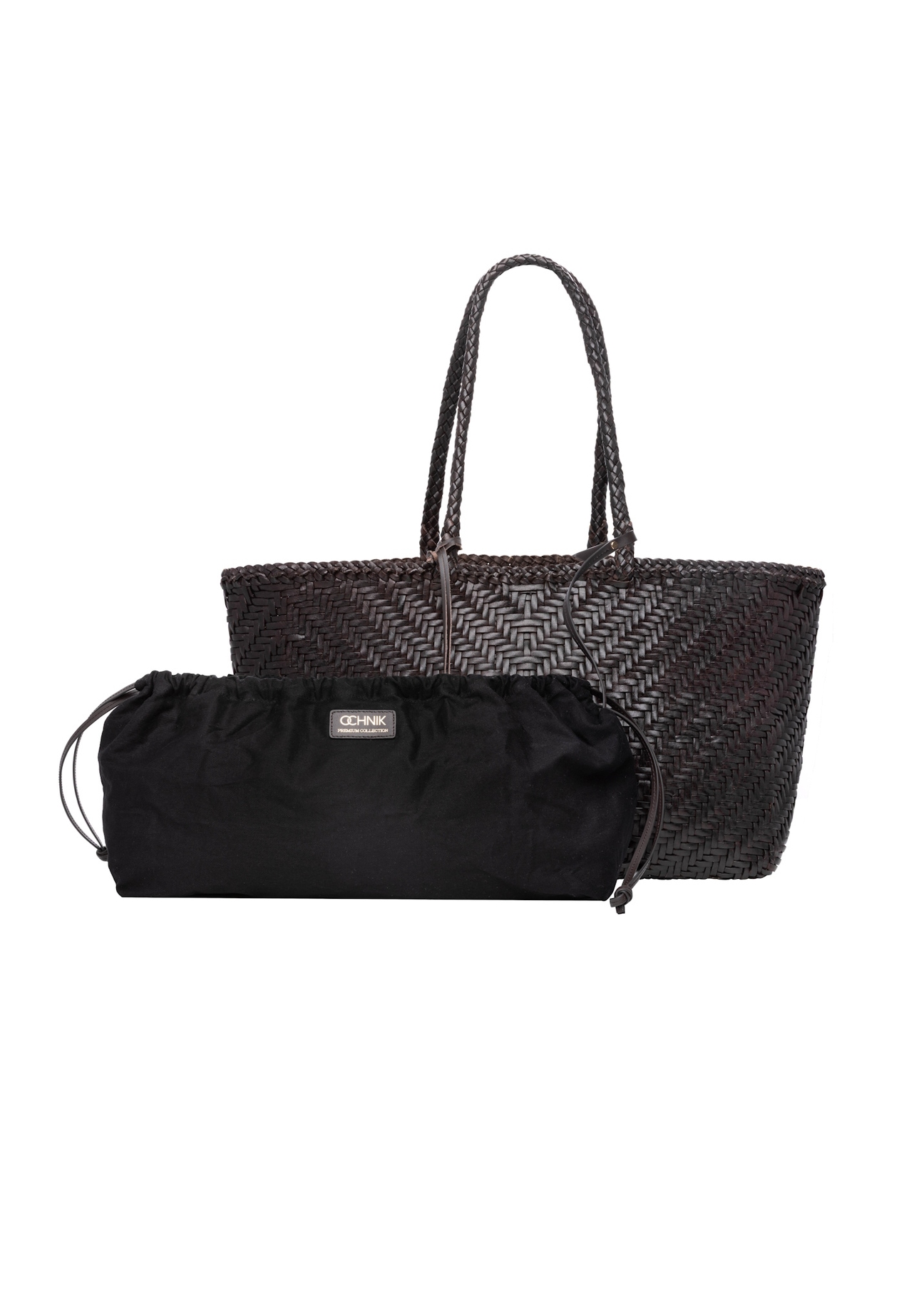 Dark brown woven women's handbag TORES-1301-1I(W26), product view with cosmetic bag on white background.