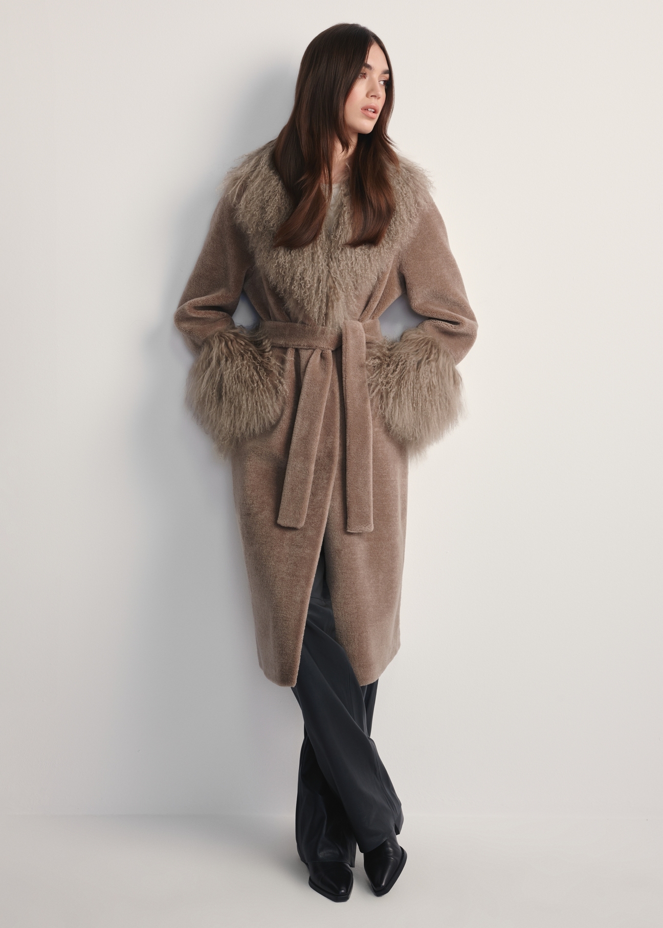 Beige wool coat with fur FUTDW-0014A-91(Z25) - front product view on white background. Full body visible.