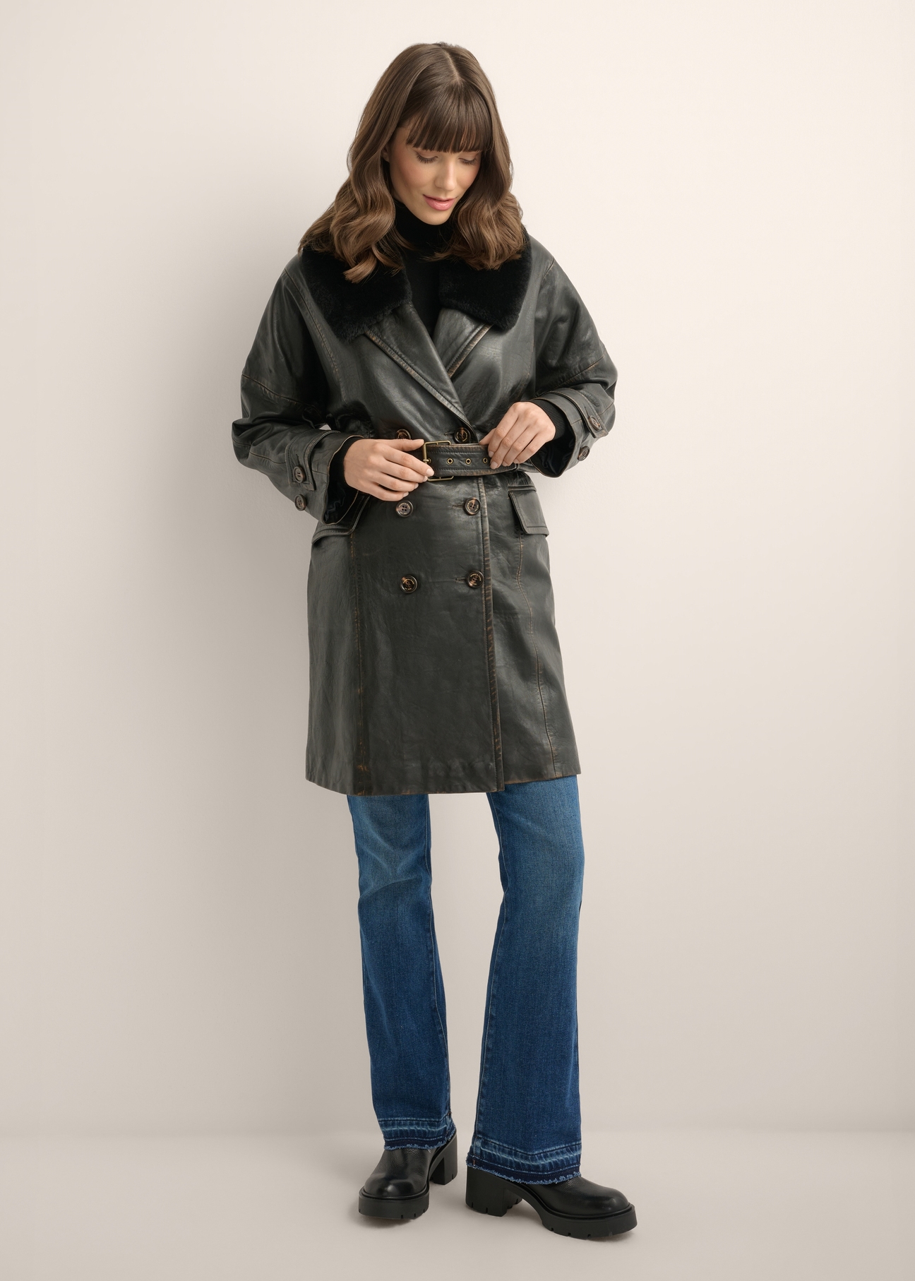 Women's dark brown leather jacket KURDS-0559-1I(Z26) - front view of the product, on a model, against a light background. Full body visible.
