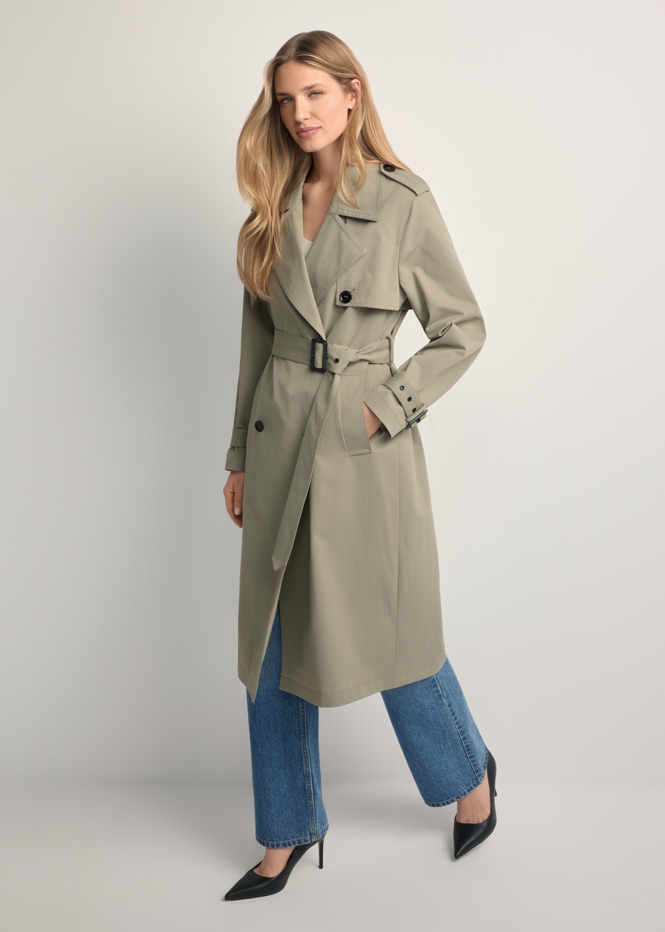 Long sage women's coat KURDT-0512-8F(W26), front view of the product on the model. Full body visible.