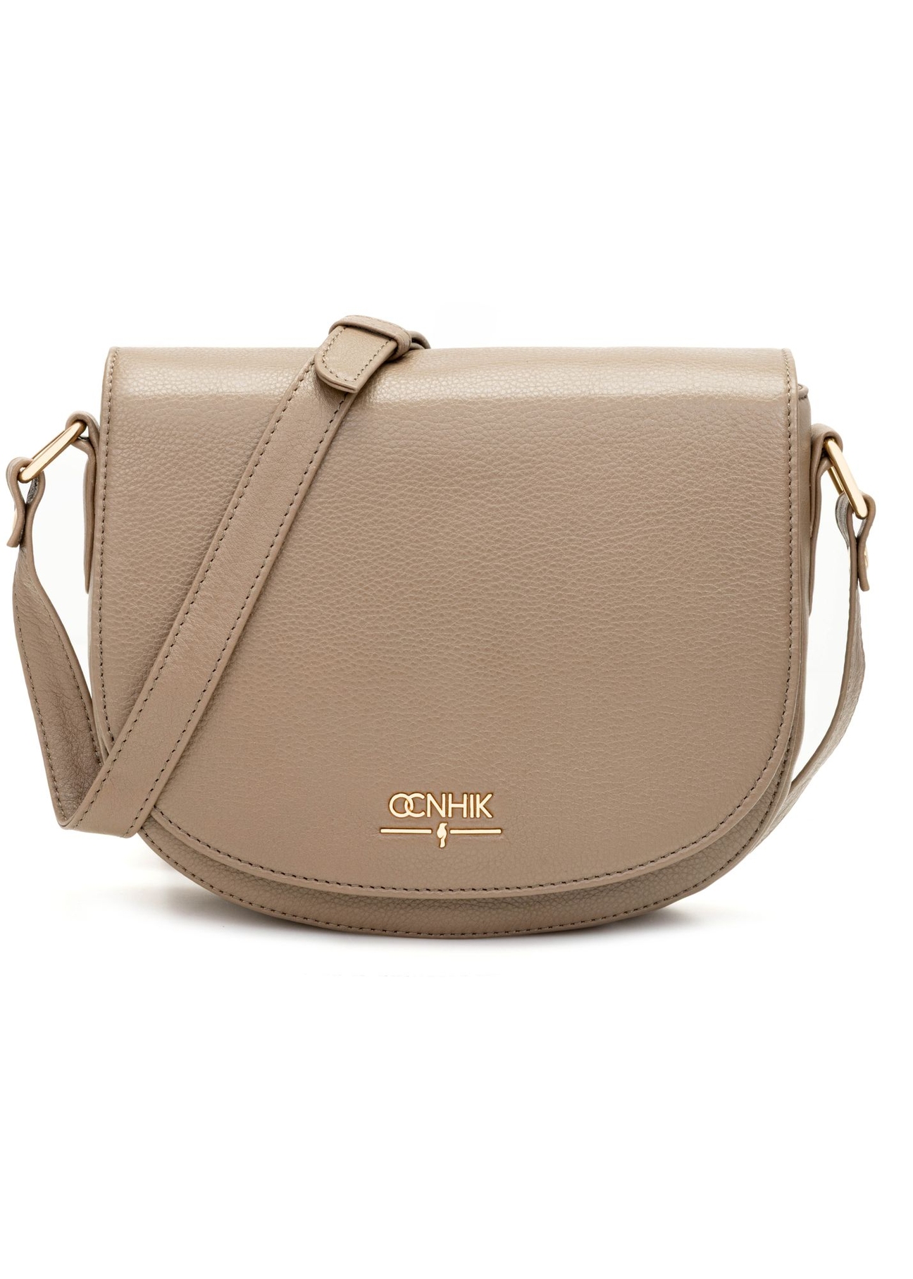 Dark beige leather semi-circular messenger bag TORES-0972F-1K(W26) - front product view on white background.