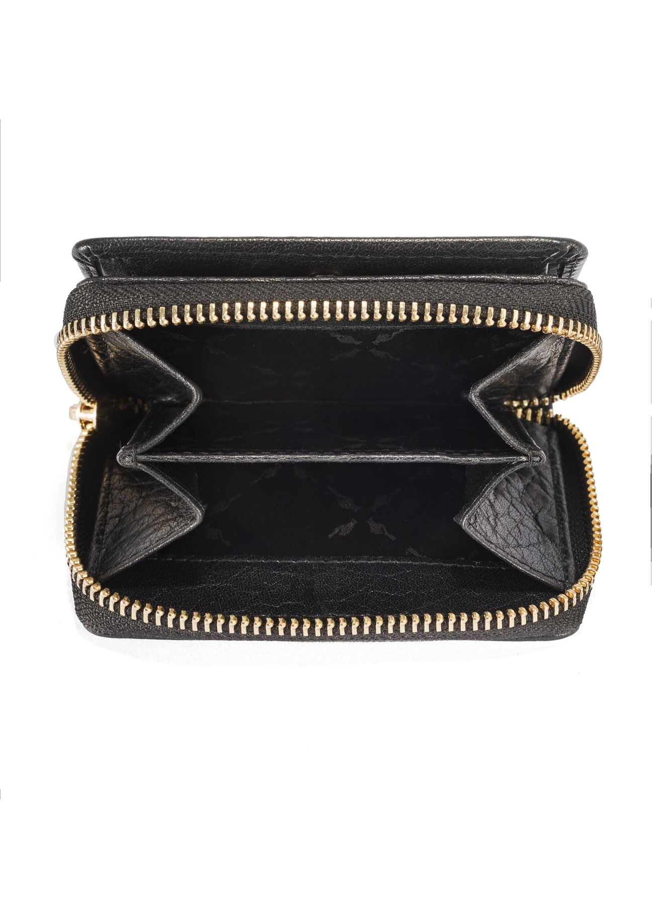 Small women's black leather wallet PORES-0815A-99(Z25), product view from the inside on a white background.-02