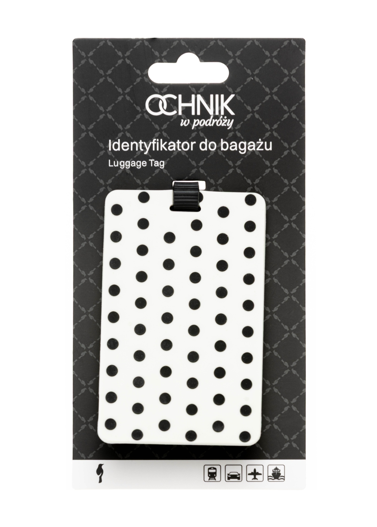 Luggage tag AW-012-0016-0P(W26), product view with packaging on white background.