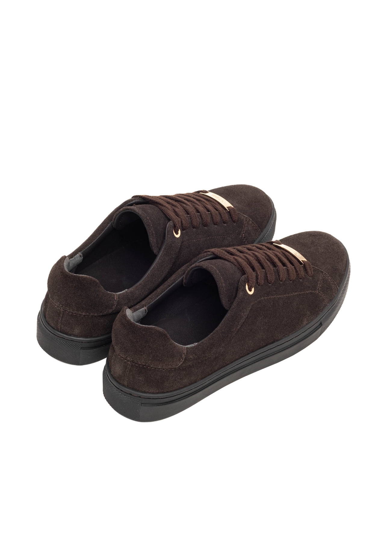 Dark brown suede women's sneakers BUTYD-1068-1I(Z26), product view from the back on a white background.