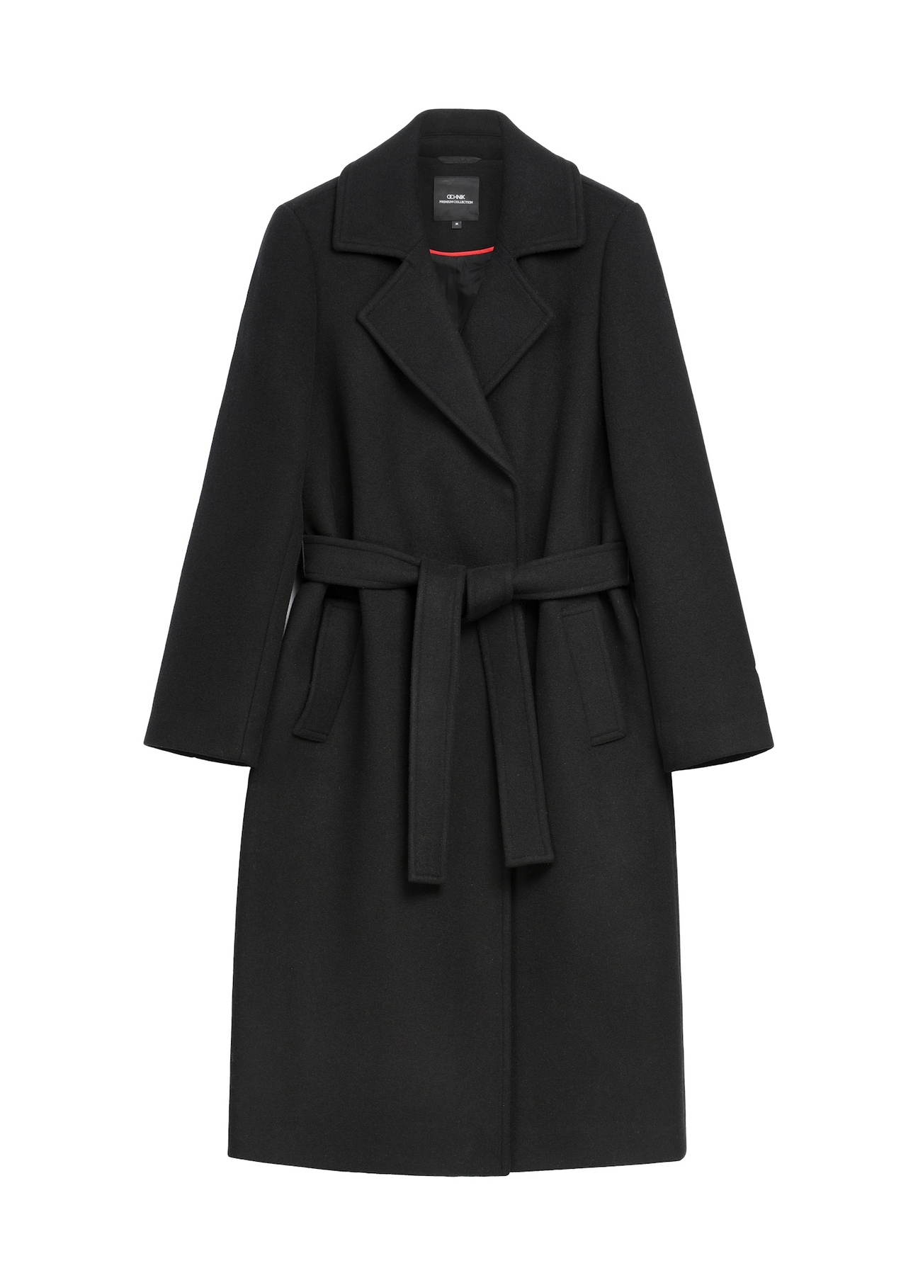 Black long women's coat PLADT-0048B-99(Z25), front product view on white background.