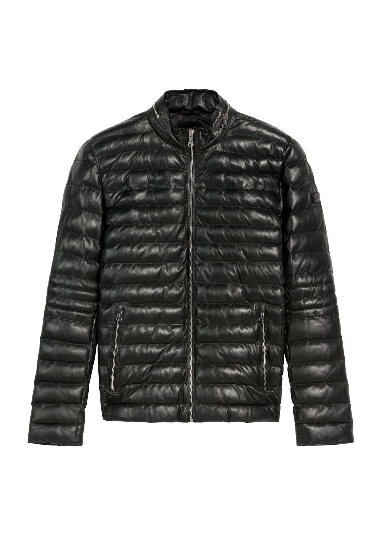 Black men's leather insulated jacket KURMS-0379-3358(Z25), product view from the front on a white background.