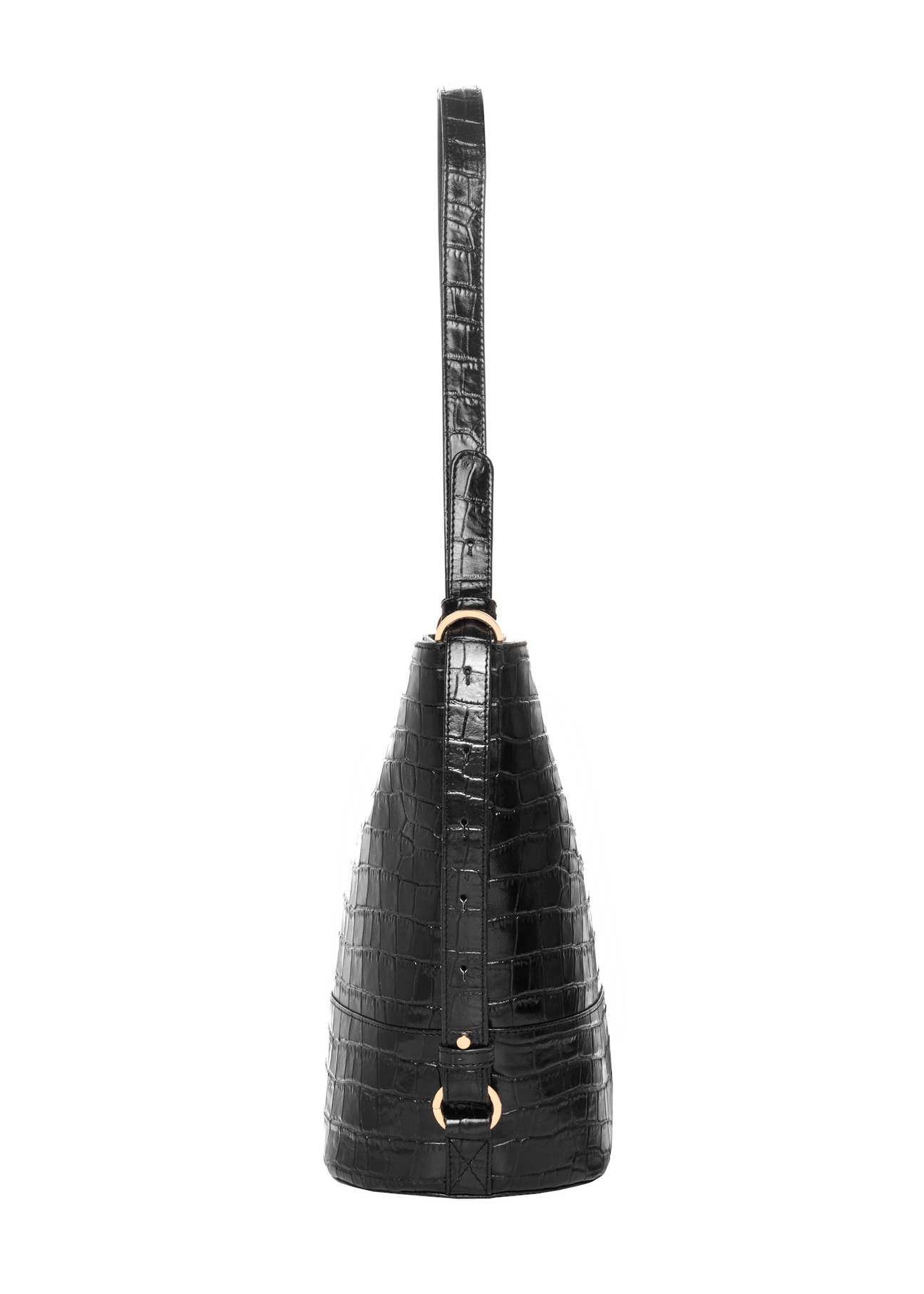 Black leather handbag with a crocodile-skin effect, model TORES-1417-9G(Z26); side view of the product on a white background.