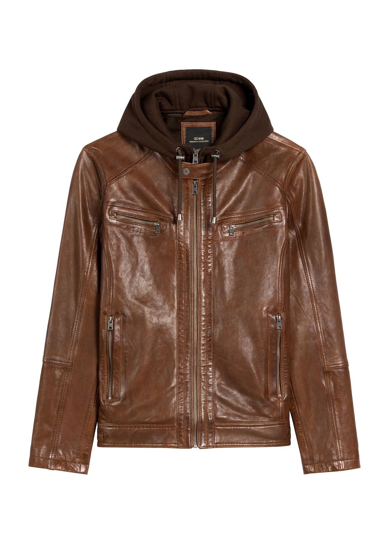 Brown men's leather jacket with hood KURMS-0385-2875(Z25), product view from the front on a white background.