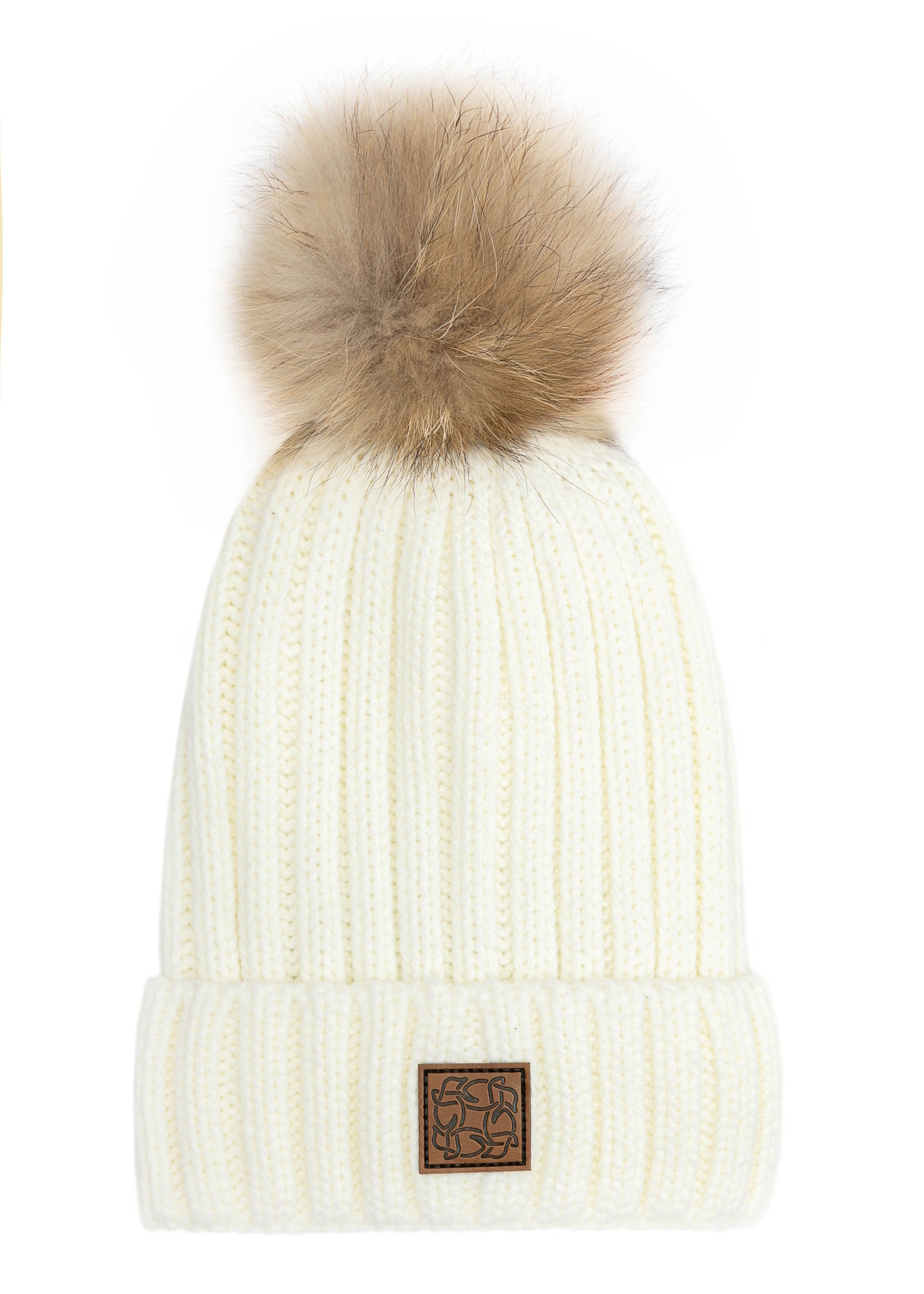 Cream women's hat with pompom CZADT-0066A-12(Z25), front product view on white background.
