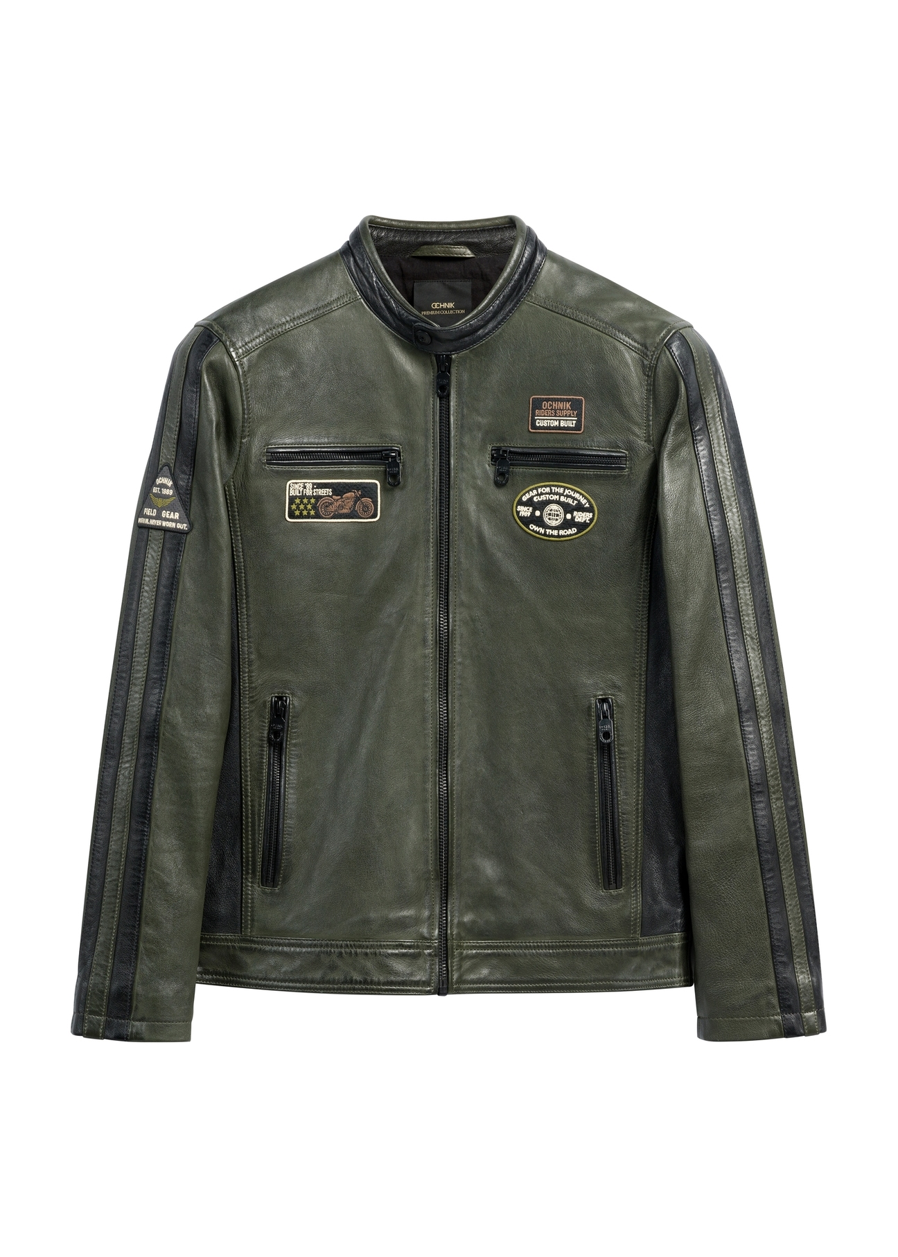 Men's khaki leather jacket KURMS-0399-8D(W26) - front product view, on white background.