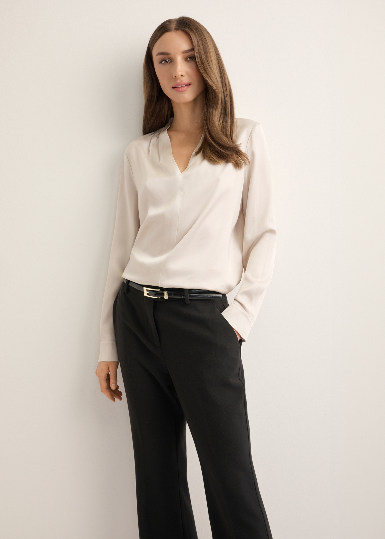 Cream women's viscose blouse BLUDT-0216-1A(Z26), product view from the front on the model, half of the silhouette visible.