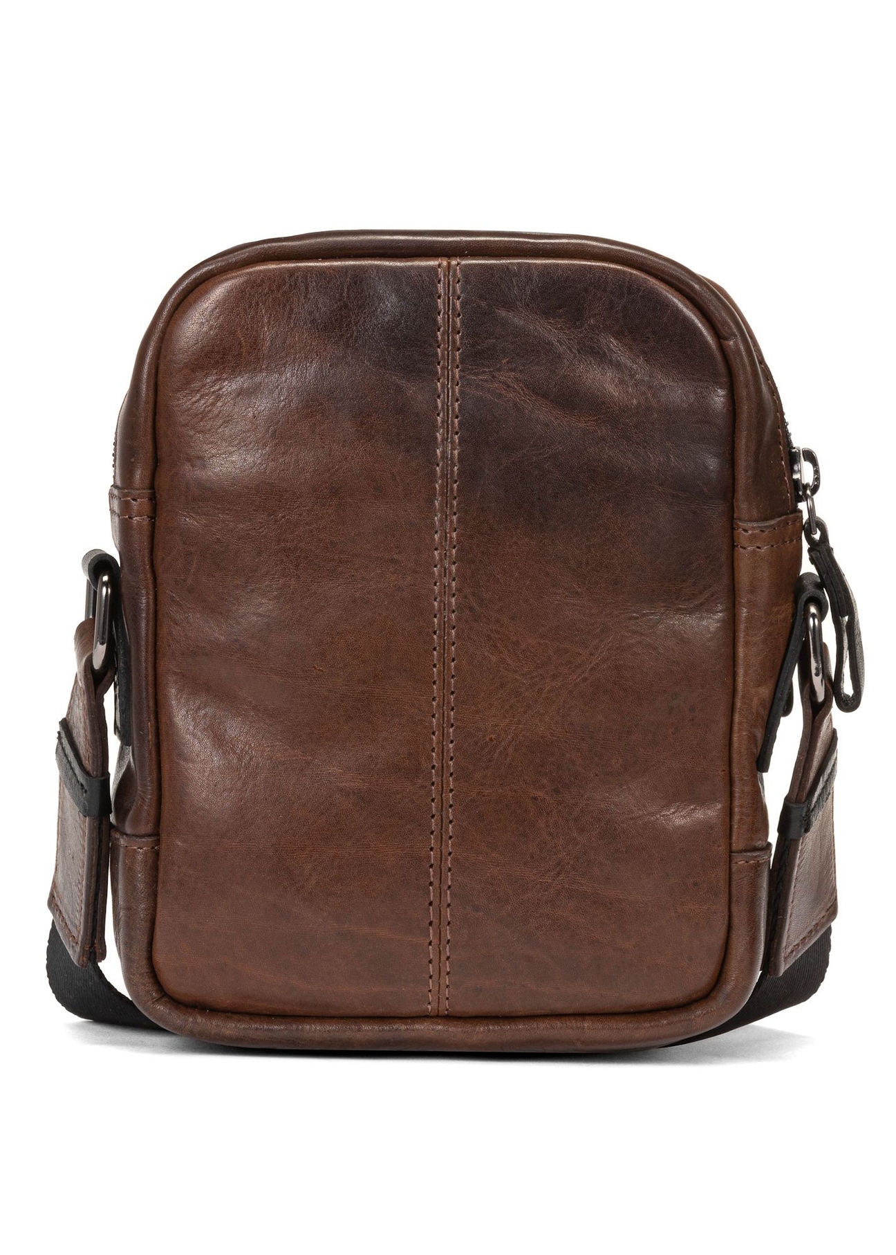 Men's brown leather bag with flap TORMS-0105-1H(W26), product view from the back on a white background.
