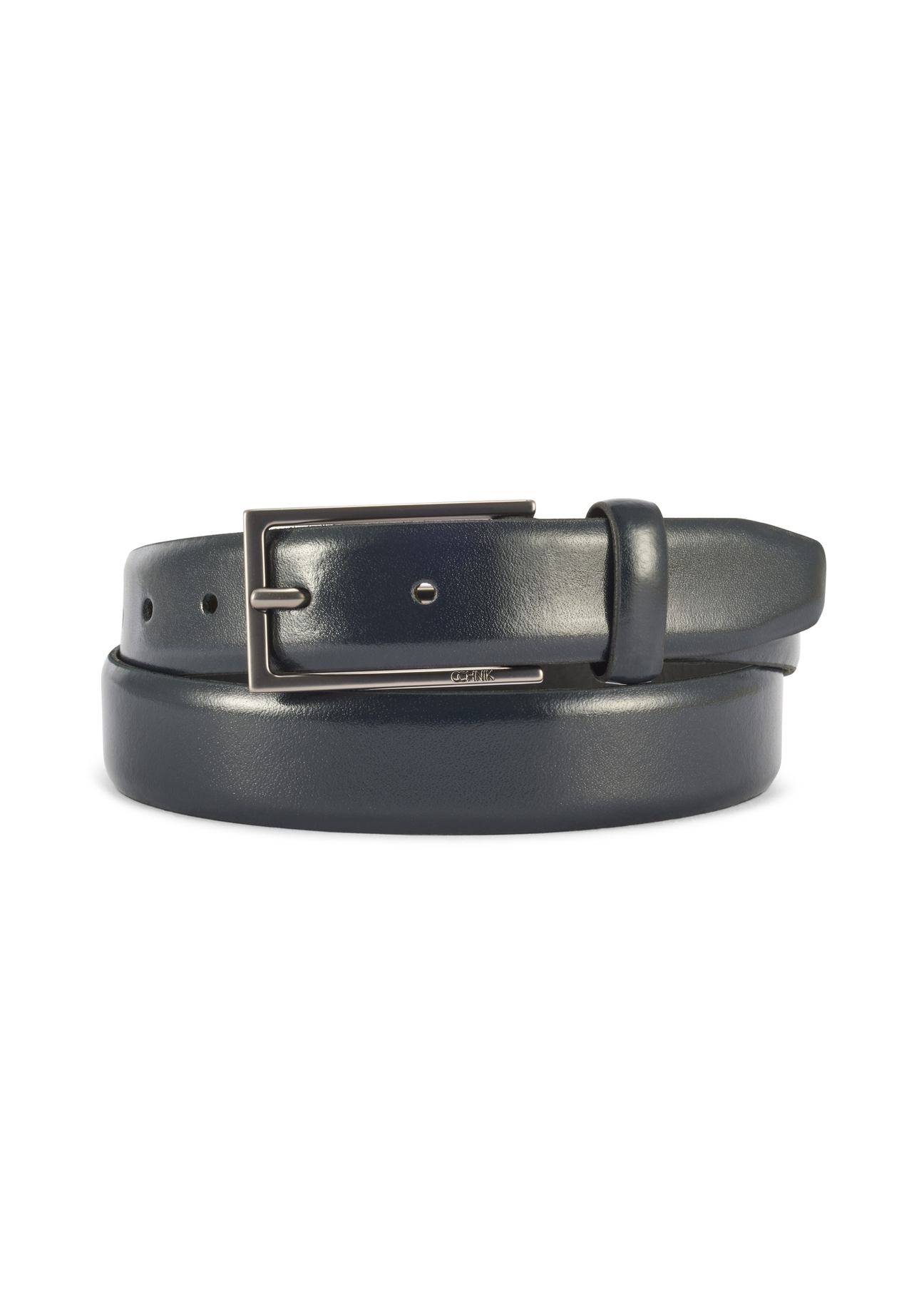 Navy blue men's leather belt PASMS-0256-69(Z25), product view from the front on a white background.