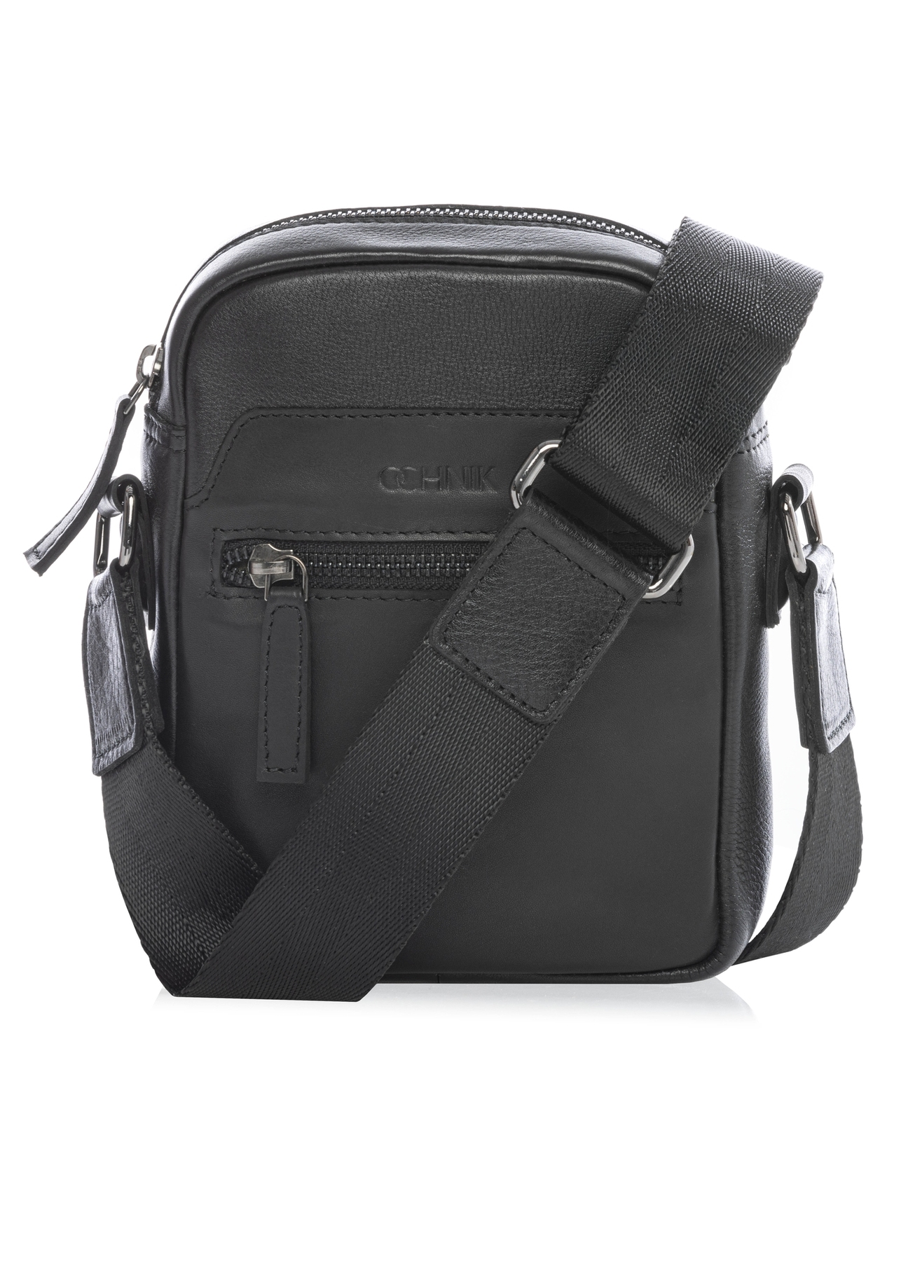 Black small leather men's bag TORMS-0498-99(W26) - front product view, on white background.