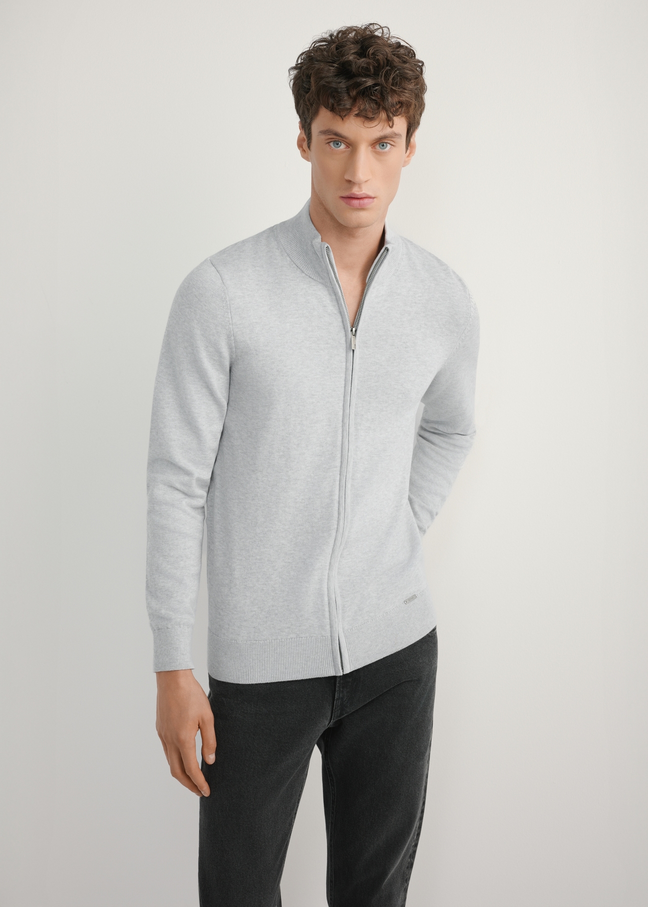 Light gray men's zippered sweater SWEMT-0190-9A(W26), front product view on model. Half silhouette visible.
