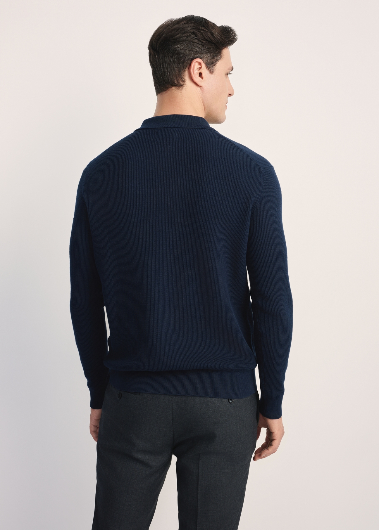 Navy blue men's cardigan KARMT-0004-68(Z25), product view from the back on the model. Half of the silhouette visible.