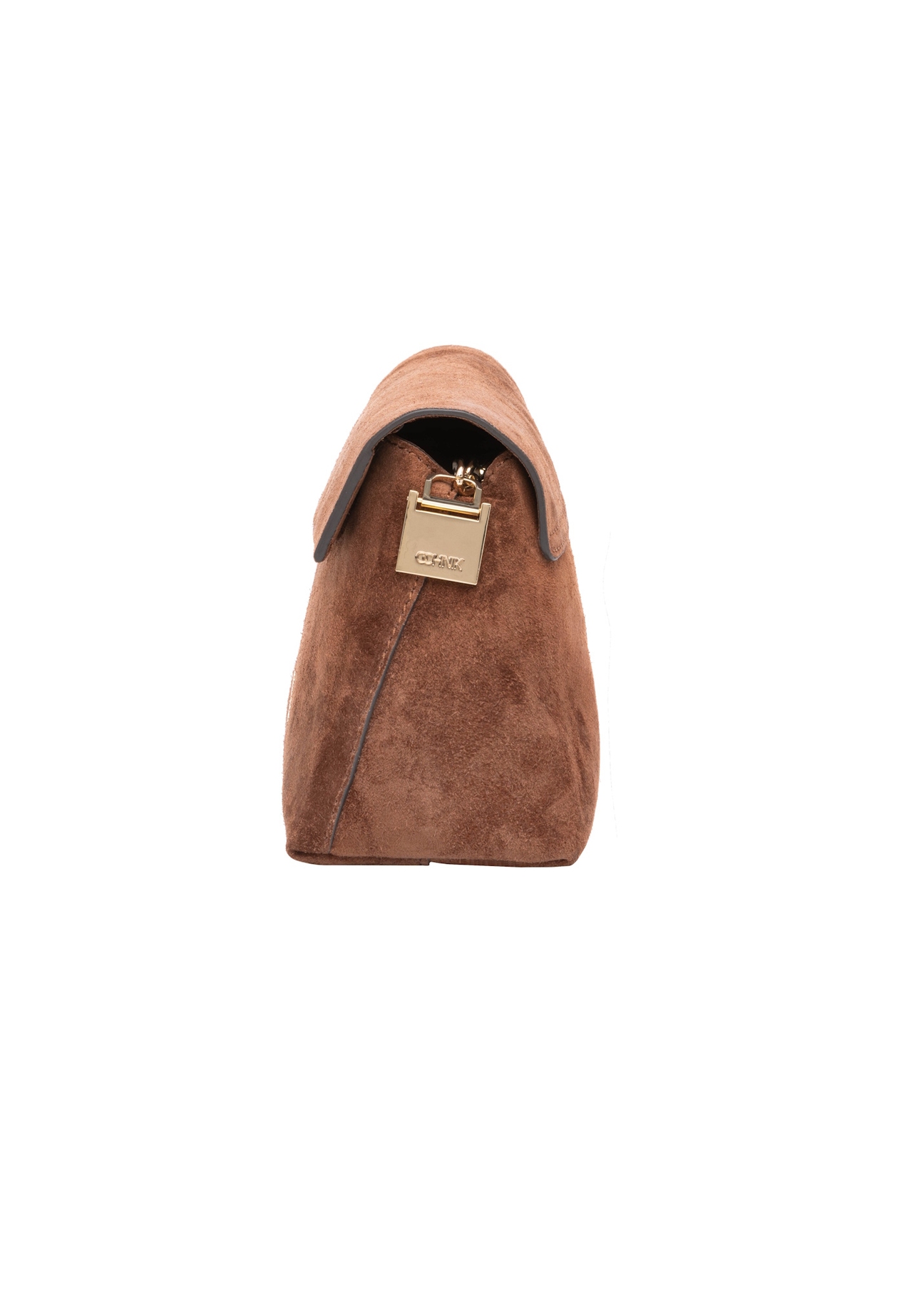 Cognac suede small women's handbag TORES-1170-1F(W26), side product view on white background.