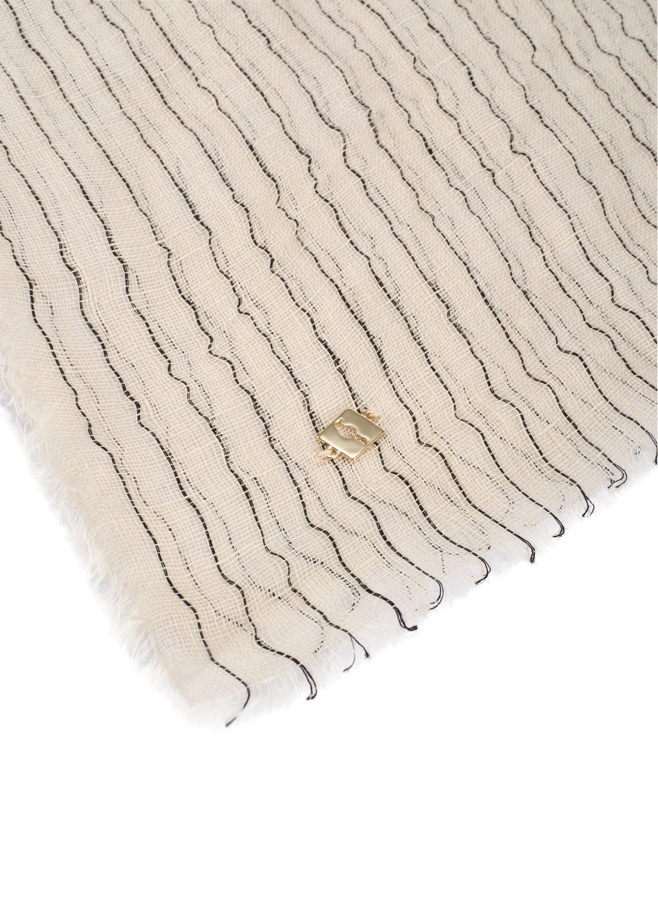 Beige women's scarf with stripes SZADT-0216-1A(W26), close-up of the product detail on a white background.