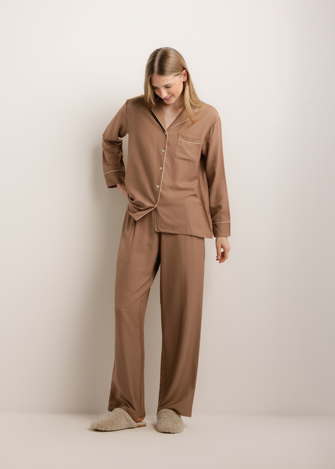 Women's two-piece pajama set PZMDT-0001-1K(Z26), front view of the product on a model. Full body visible.