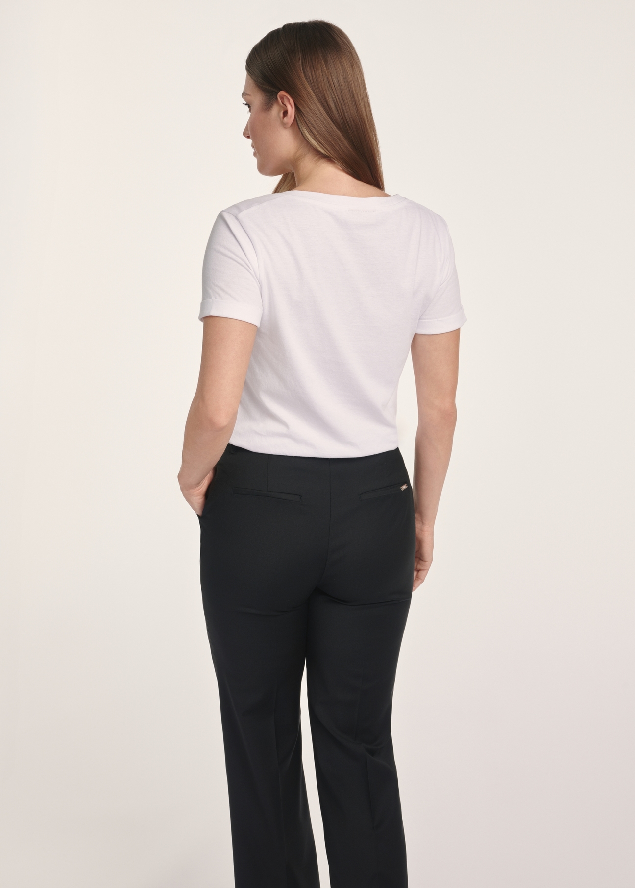 White women's V-neck T-shirt TSHDT-0118A-11(Z25), product view from the back on the model. Half of the silhouette visible.