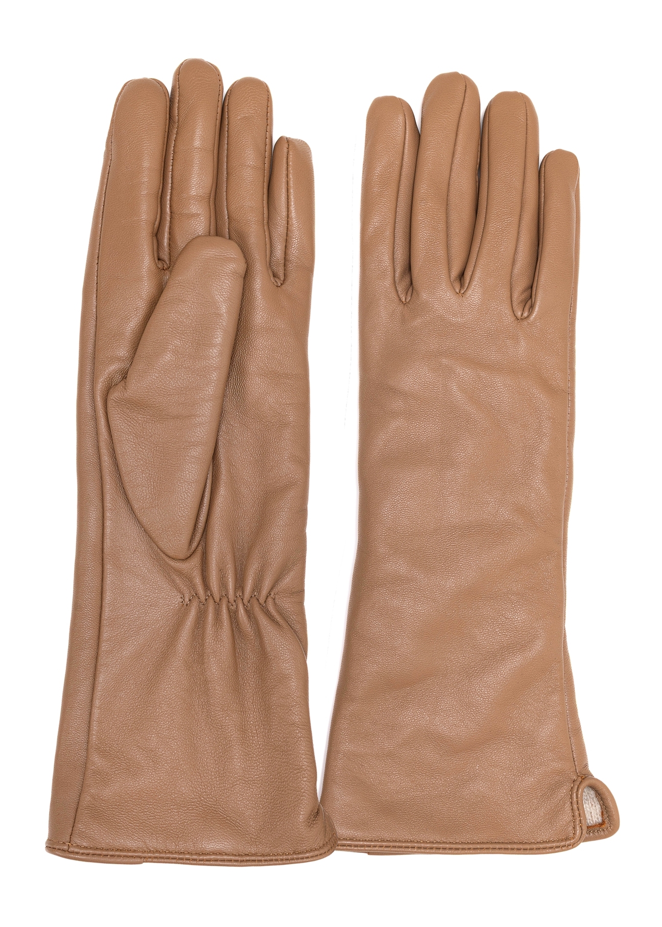 Long beige leather women's gloves REKDS-0082A-81(Z25), product view from the front and back on a white background.