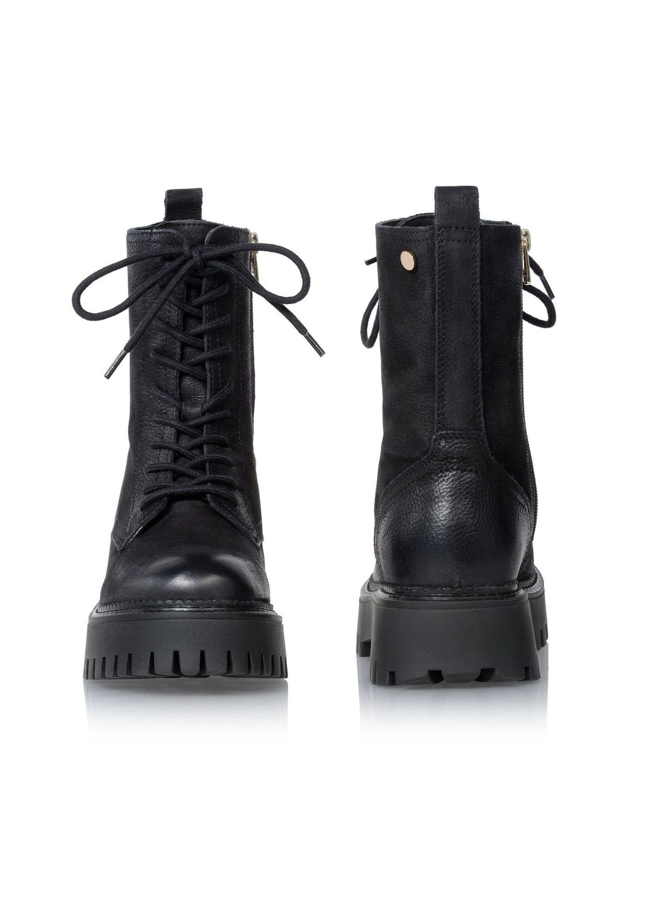 Women's leather ankle boots in combat boot style BUTYD-1004-9I(Z26), front and back product view on white background.