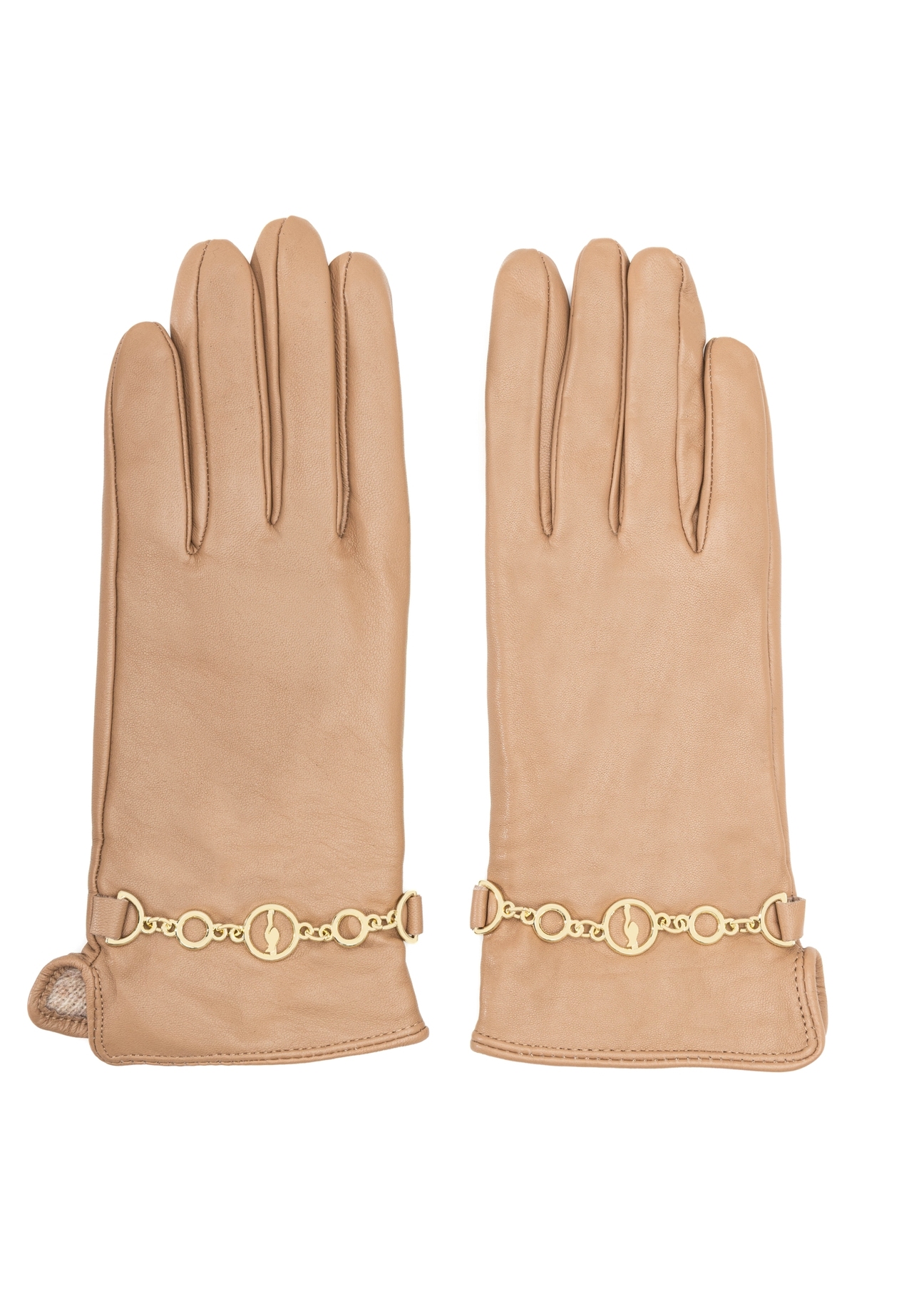 Women's leather gloves with chain REKDS-0101-81(Z25), product view from the front on a white background.