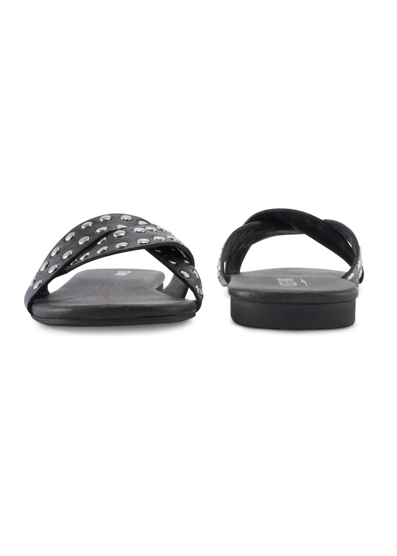 Women's black leather mules with rhinestones BUTYD-1226-99(W26), front and back product view on white background.