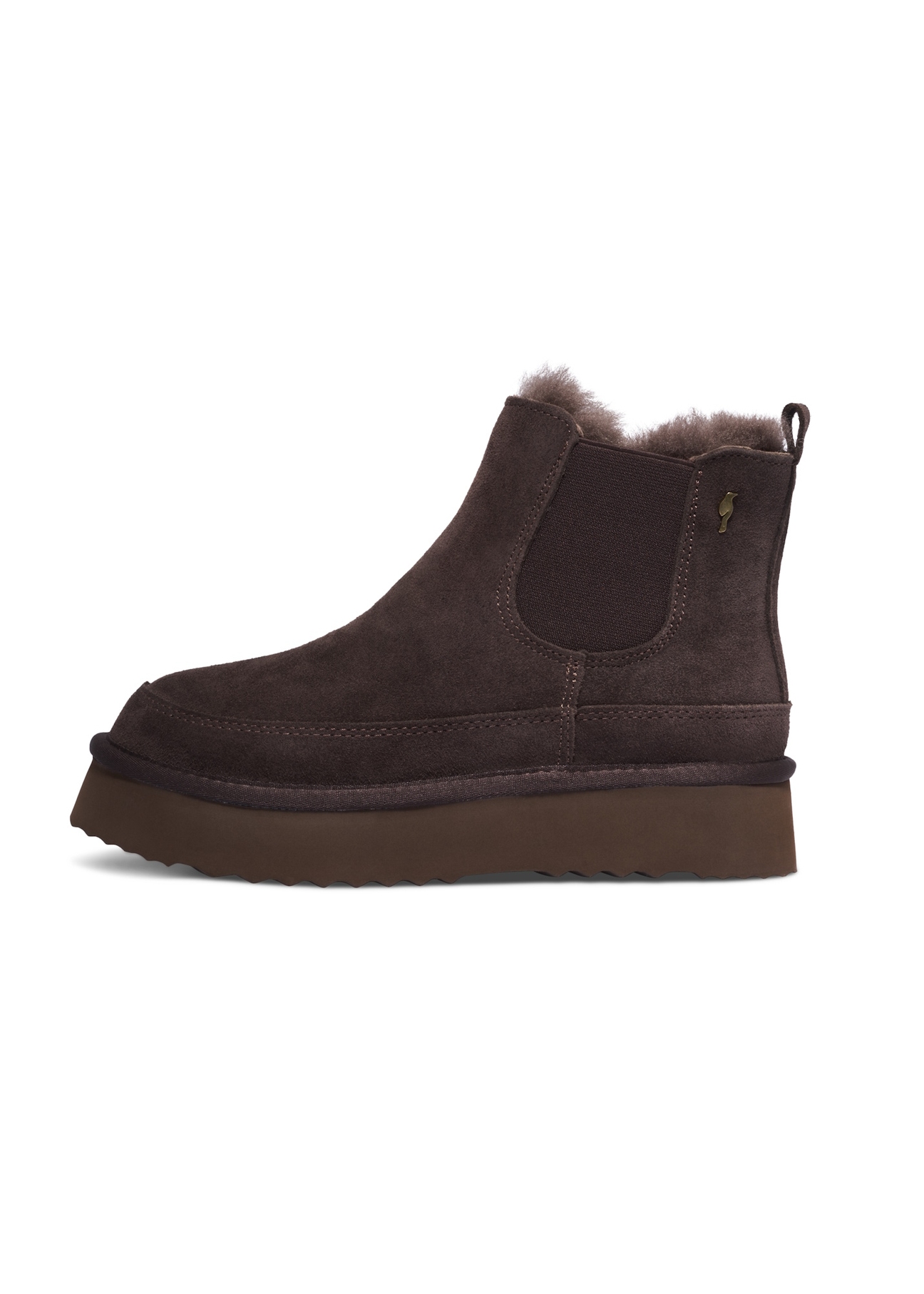 Women's dark brown suede snow boots BUTYD-1314-1I(Z26), side view of the product on a white background.