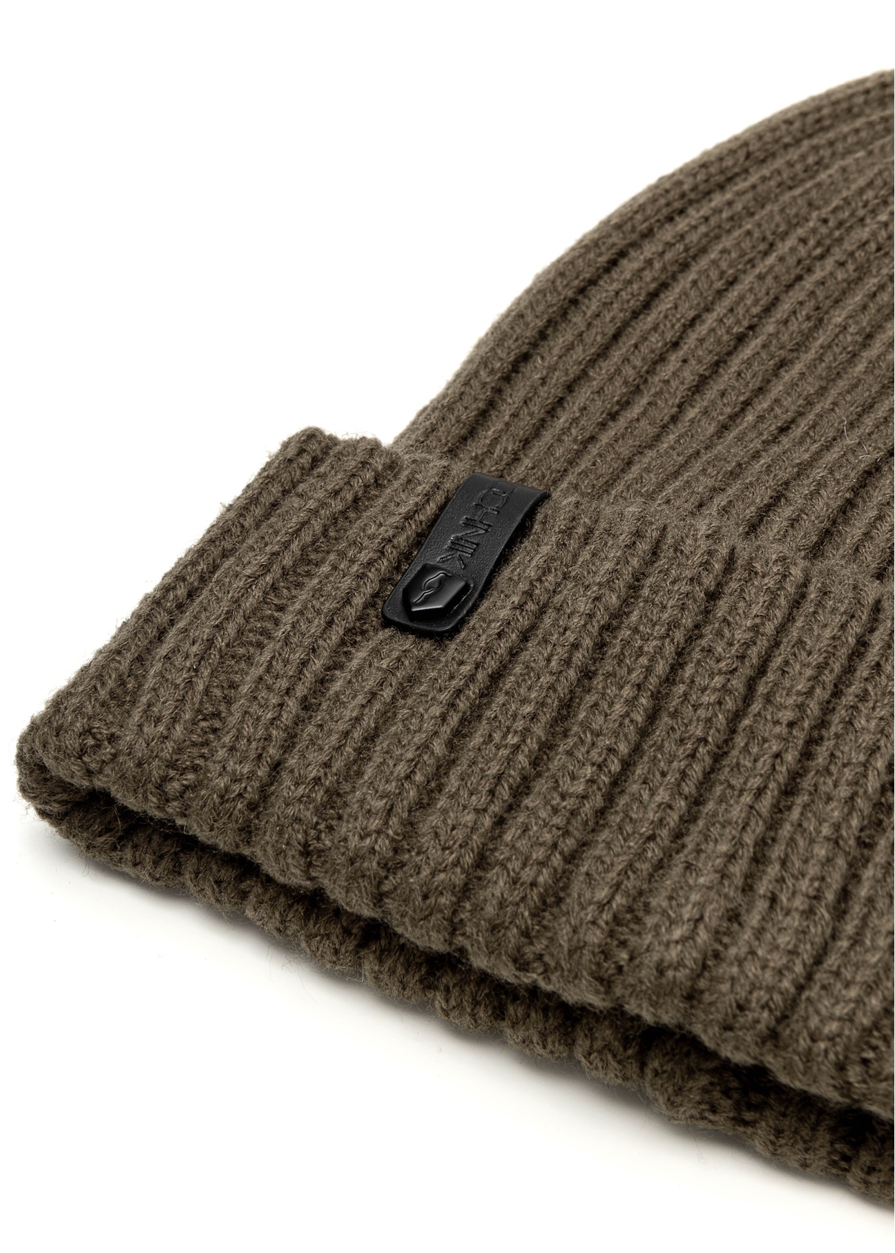 Men's winter hat in khaki color CZADT-0088-51(Z 25), close-up of the product detail on a white background.