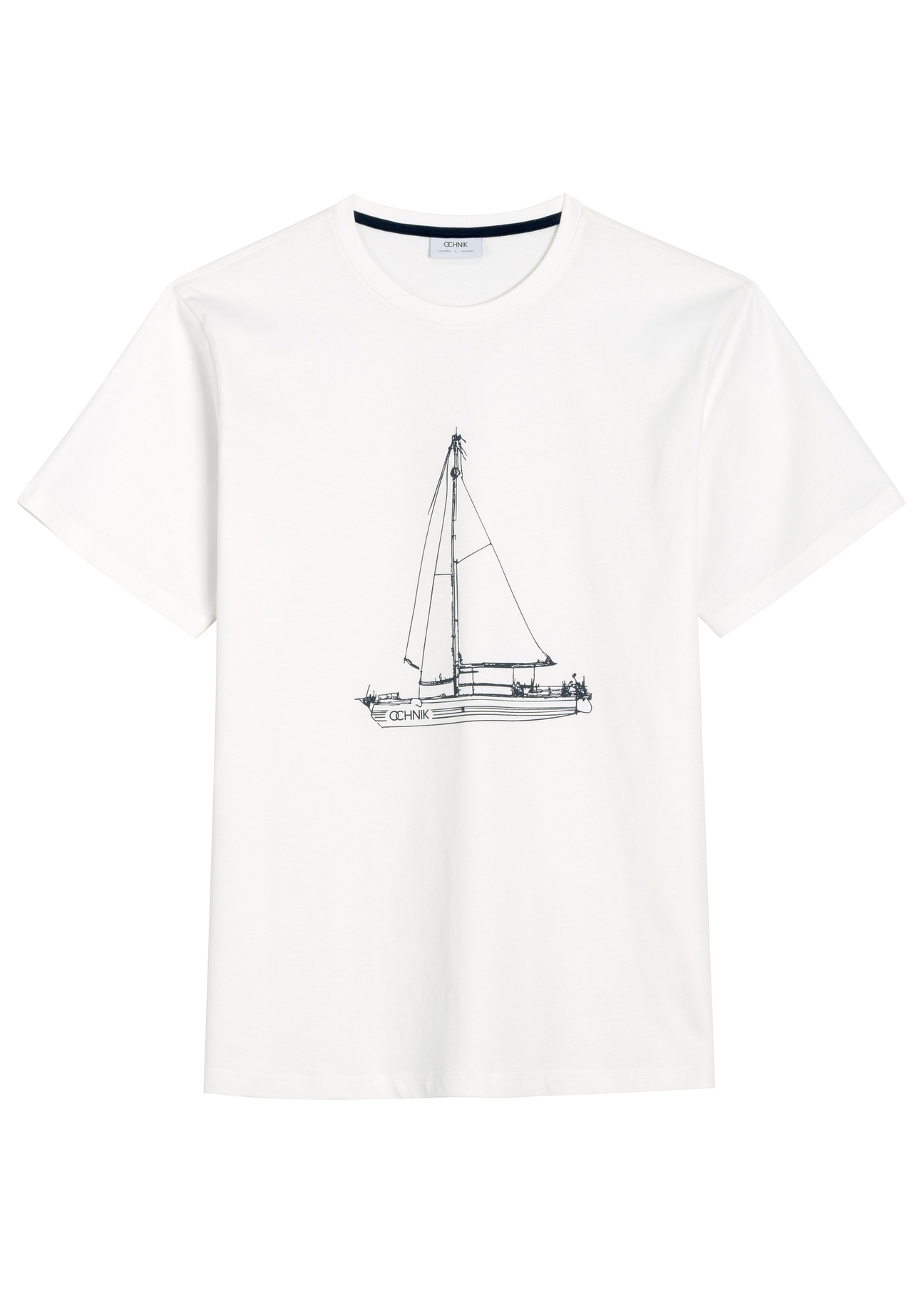 Men's white T-shirt with TSHMT-0145-0A(W26) print, front product view, on a white background.